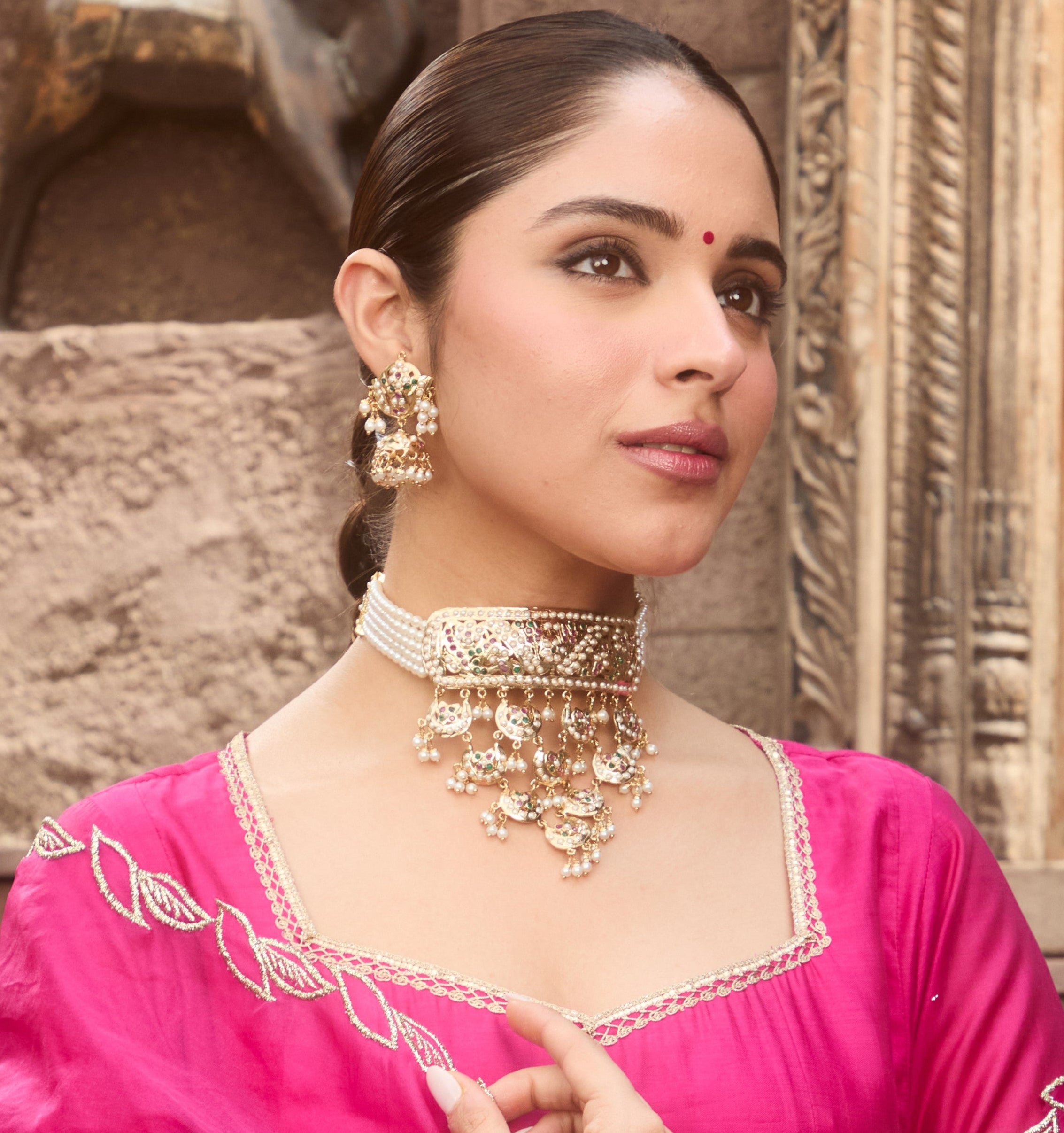 Waterfall Bridal Jadau Choker Set - with Jhumka Earrings - Multi Color - QUEENS JEWELS