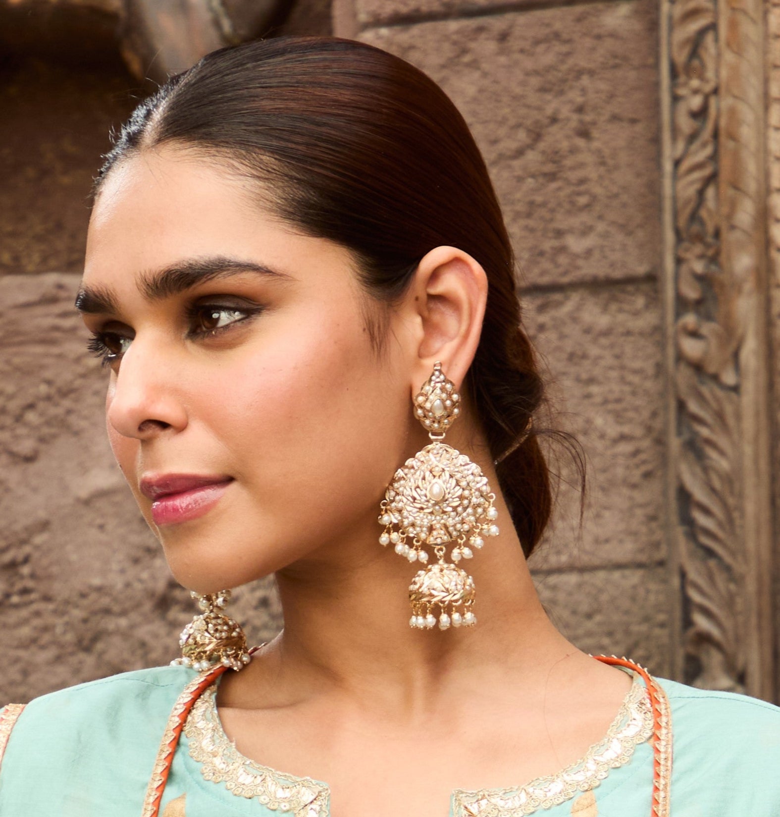Elegant White Jadau Earrings with Layered Pearl Jhumka Drops - QUEENS JEWELS