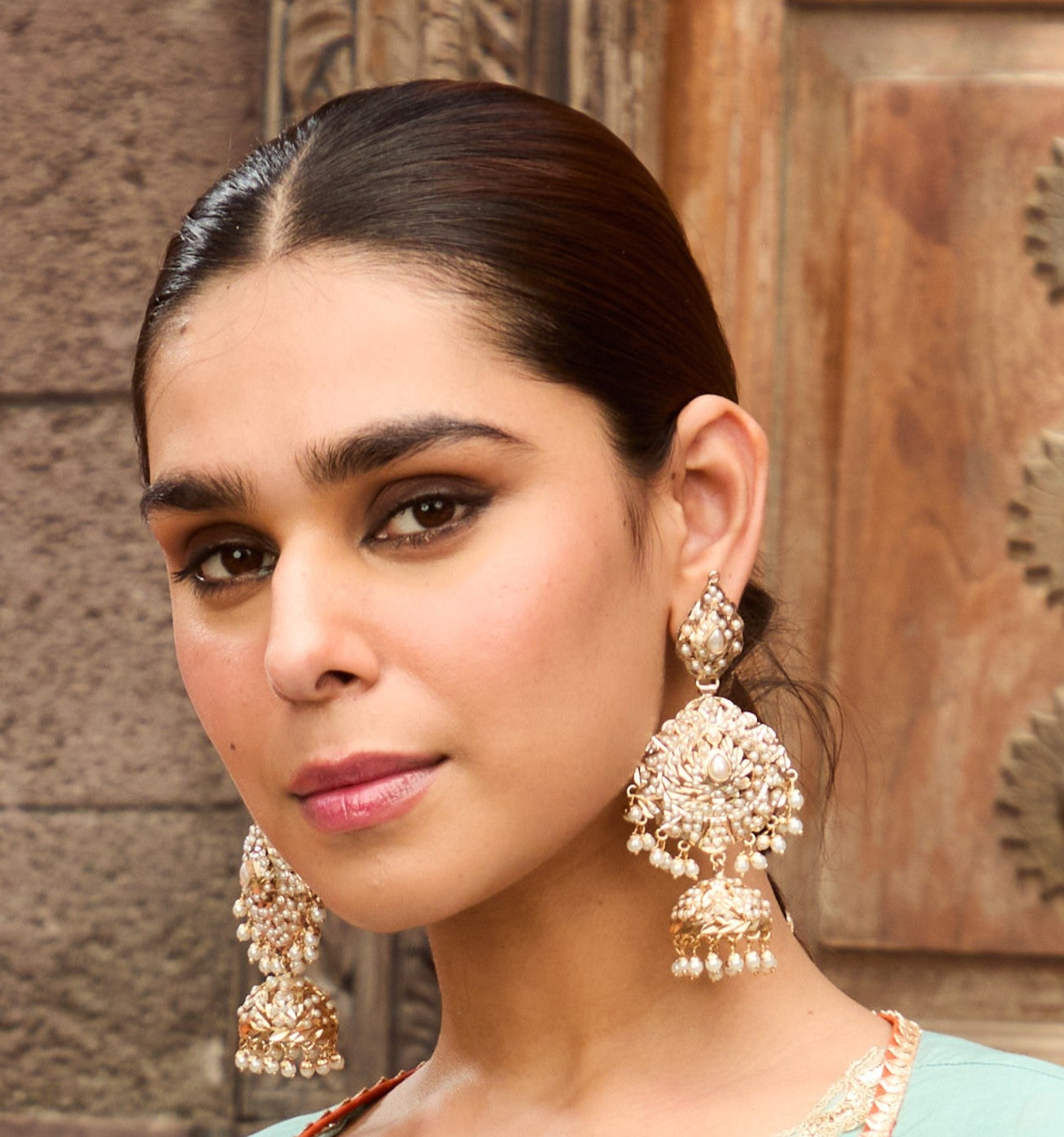 Elegant White Jadau Earrings with Layered Pearl Jhumka Drops - QUEENS JEWELS