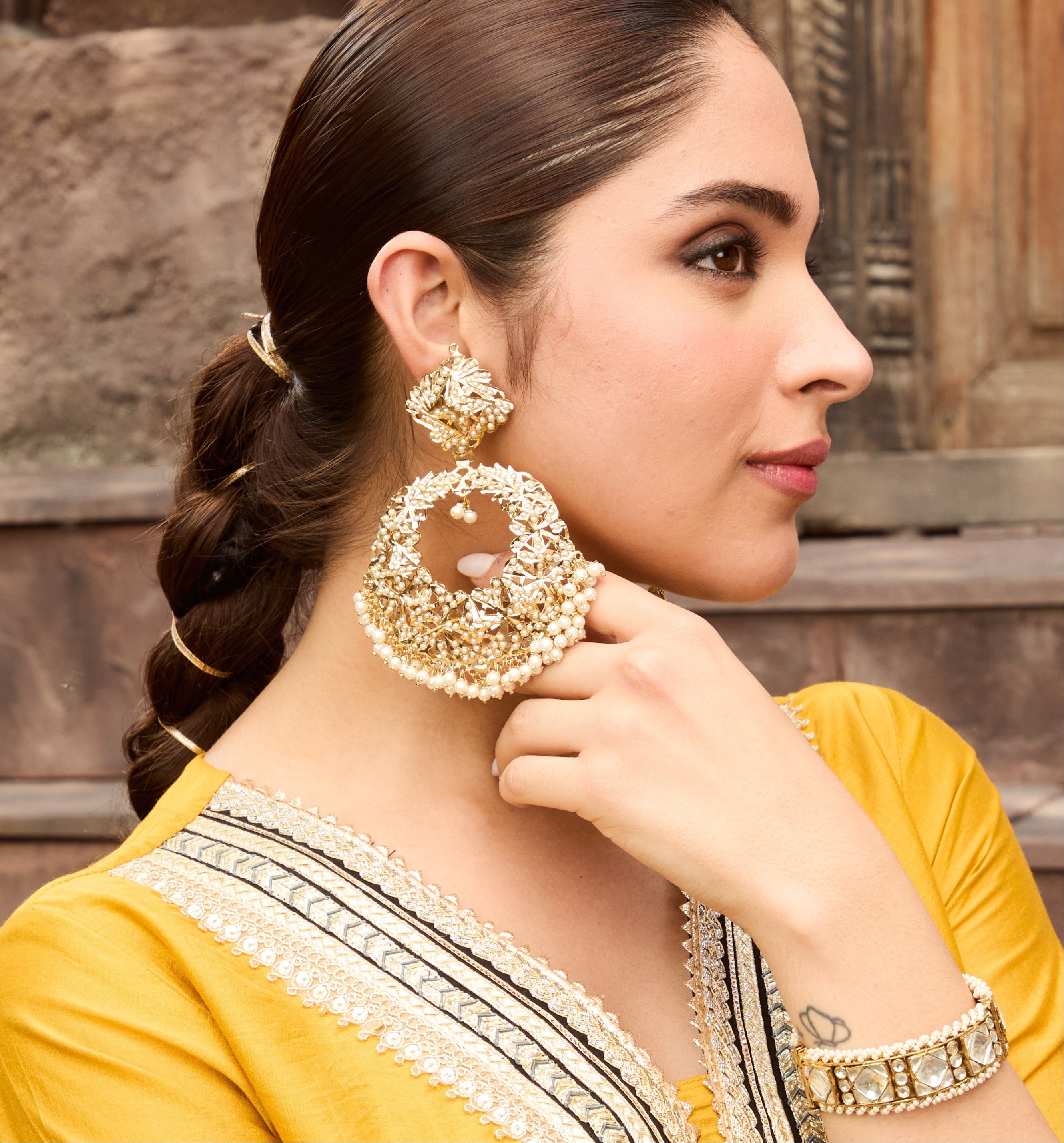 Royal Jadau Pearl White Chaandbali - QUEENS JEWELS
