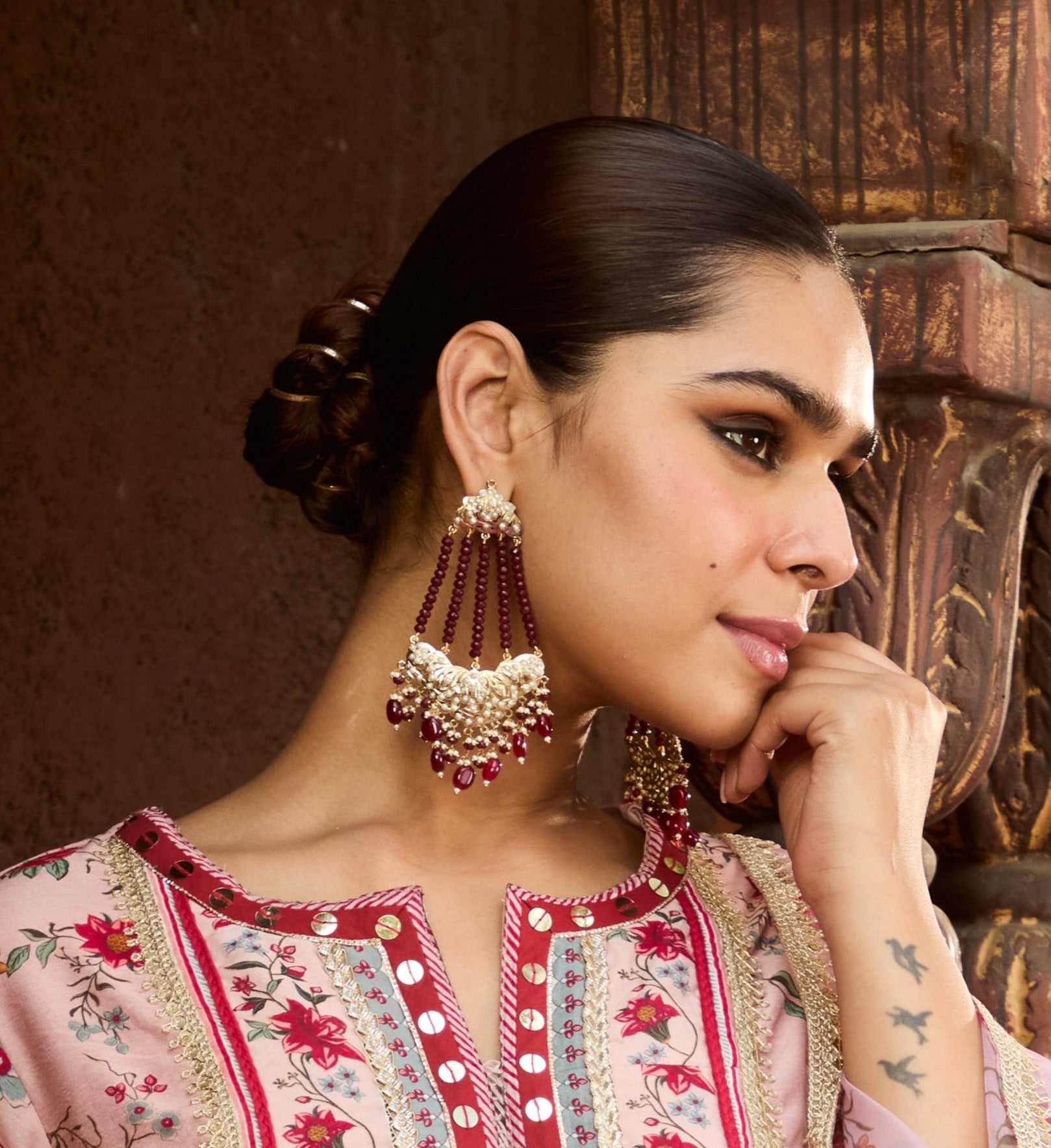Sitara Maroon Jadau Chandbaali - QUEENS JEWELS