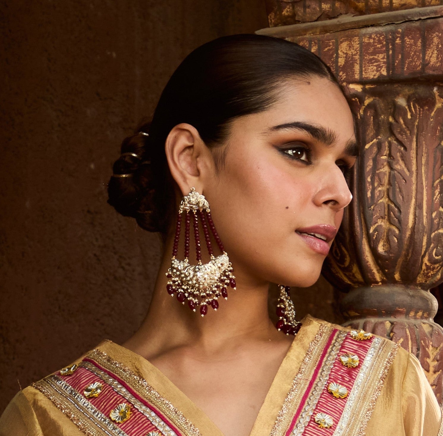 Sitara Maroon Jadau Chandbaali - QUEENS JEWELS