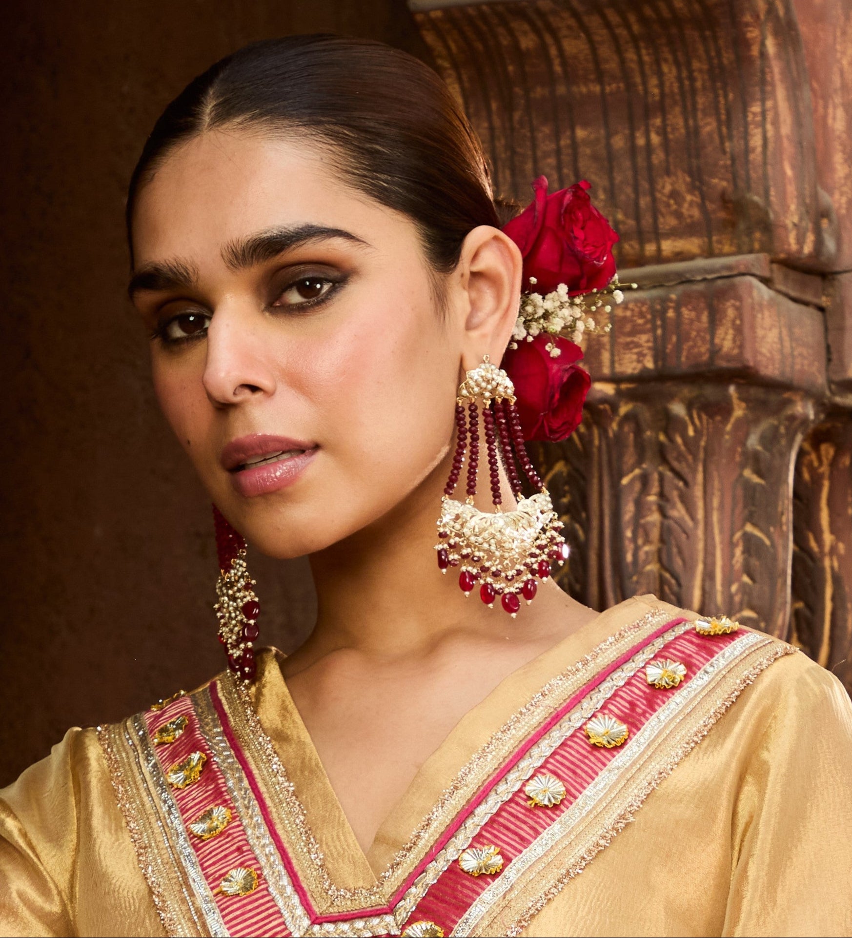 Sitara Maroon Jadau Chandbaali - QUEENS JEWELS