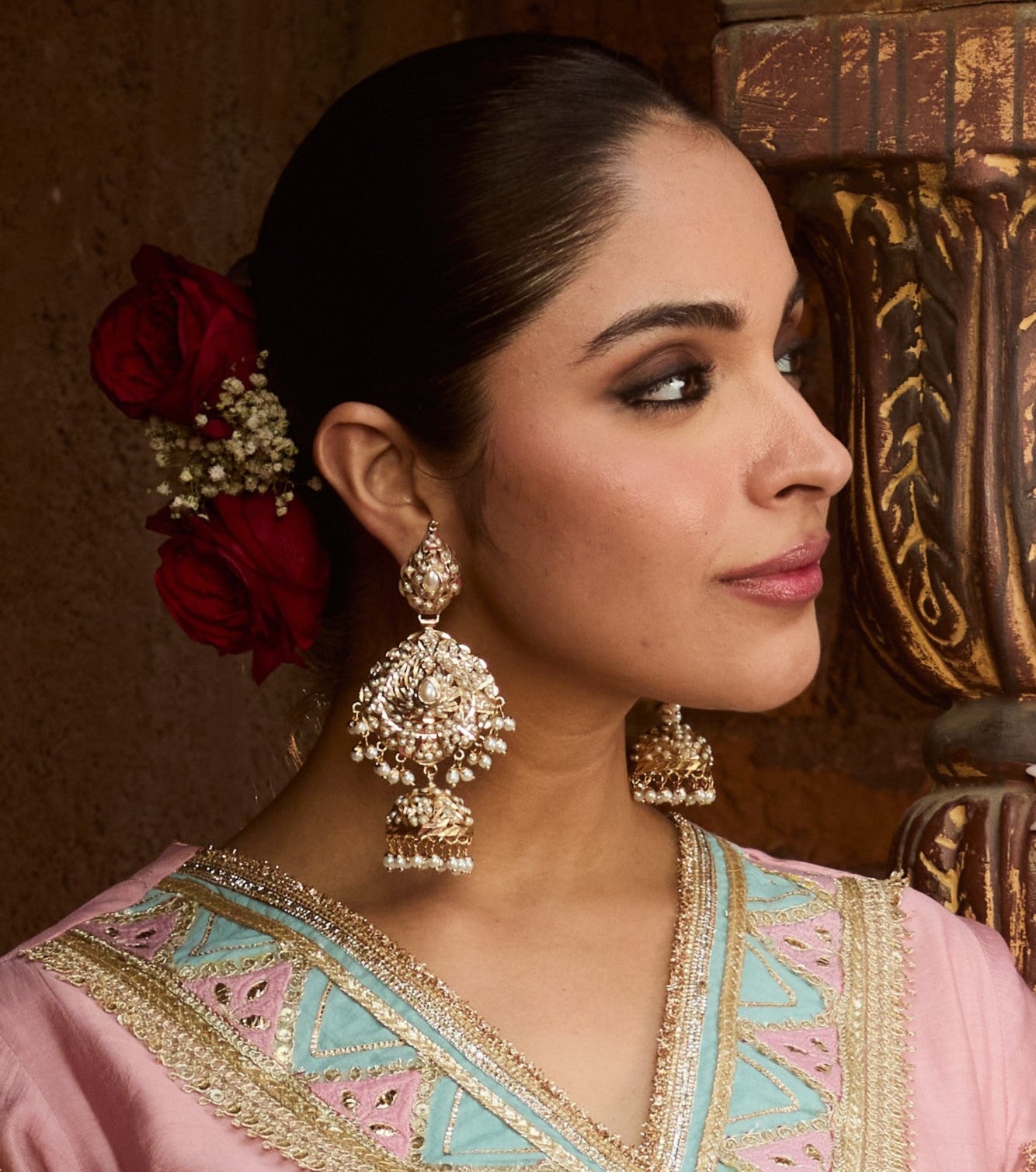 Elegant White Jadau Earrings with Layered Pearl Jhumka Drops - QUEENS JEWELS
