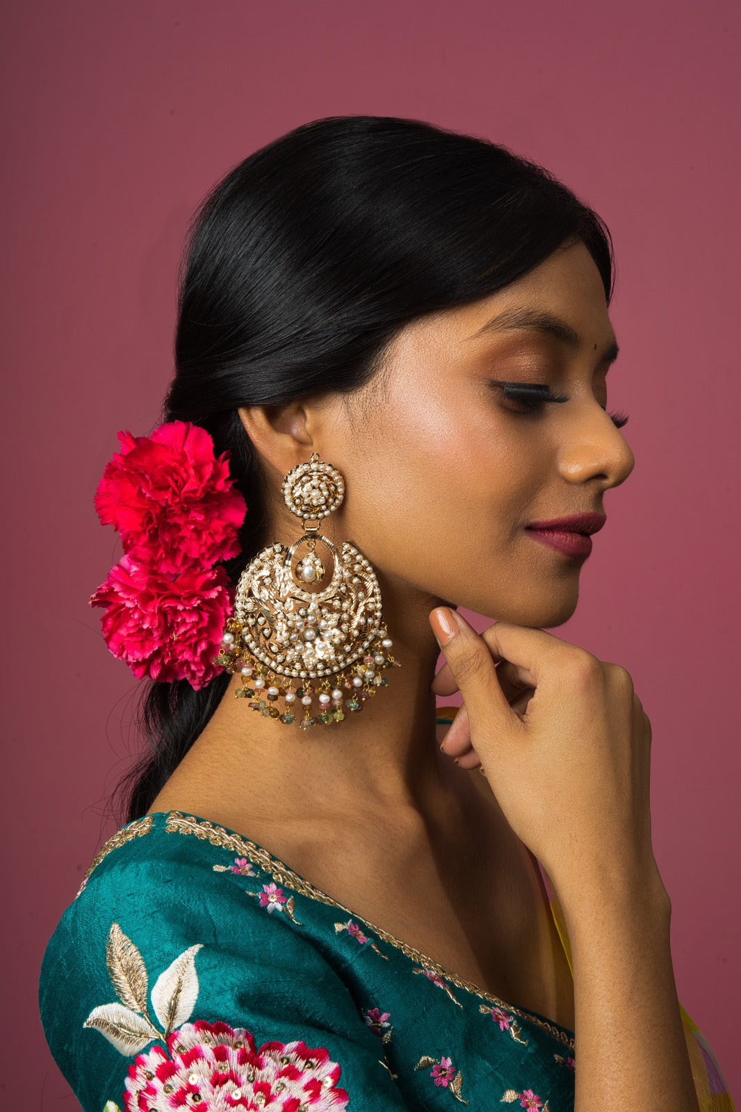 Azra Jadau Chandbali Earrings with Tourmaline Stringing - QUEENS JEWELS