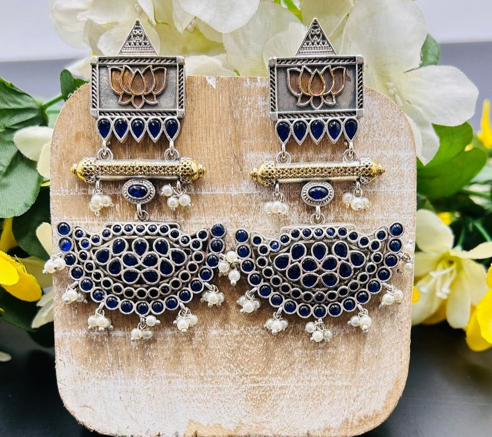 Imara Dual Tone Royal Blue Colour Stone Oxidised Earrings - QUEENS JEWELS