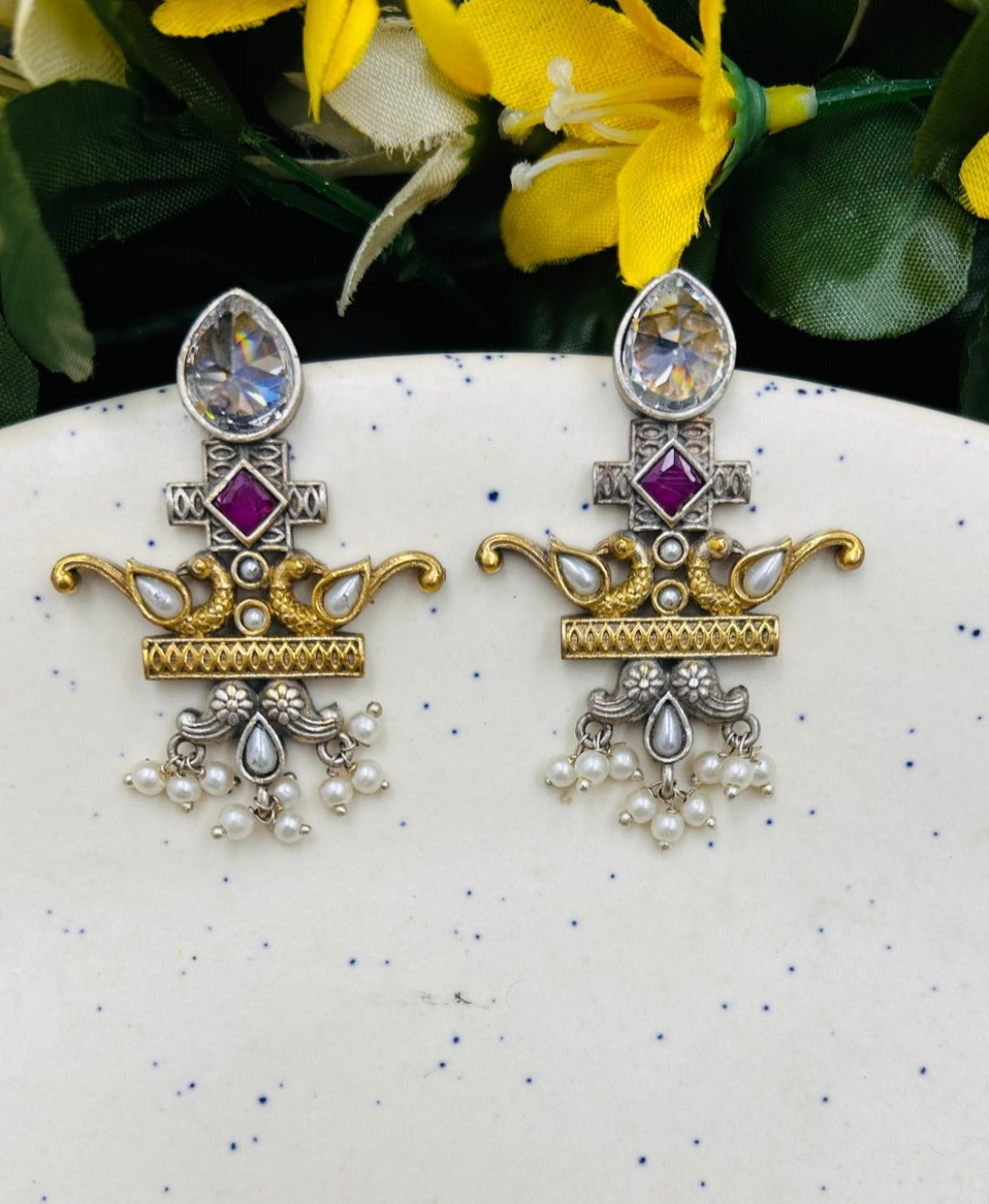 Tashi Pink Colour Stone Oxidised Earrings - QUEENS JEWELS