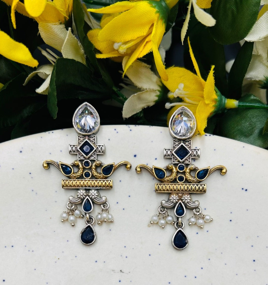 Tashi Royal Blue Colour Stone Oxidised Earrings - QUEENS JEWELS
