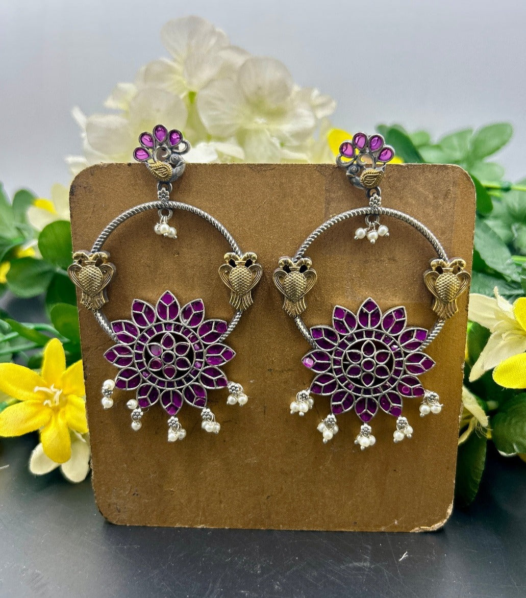 Zia  Pink Colour Stone Oxidised Earrings - QUEENS JEWELS