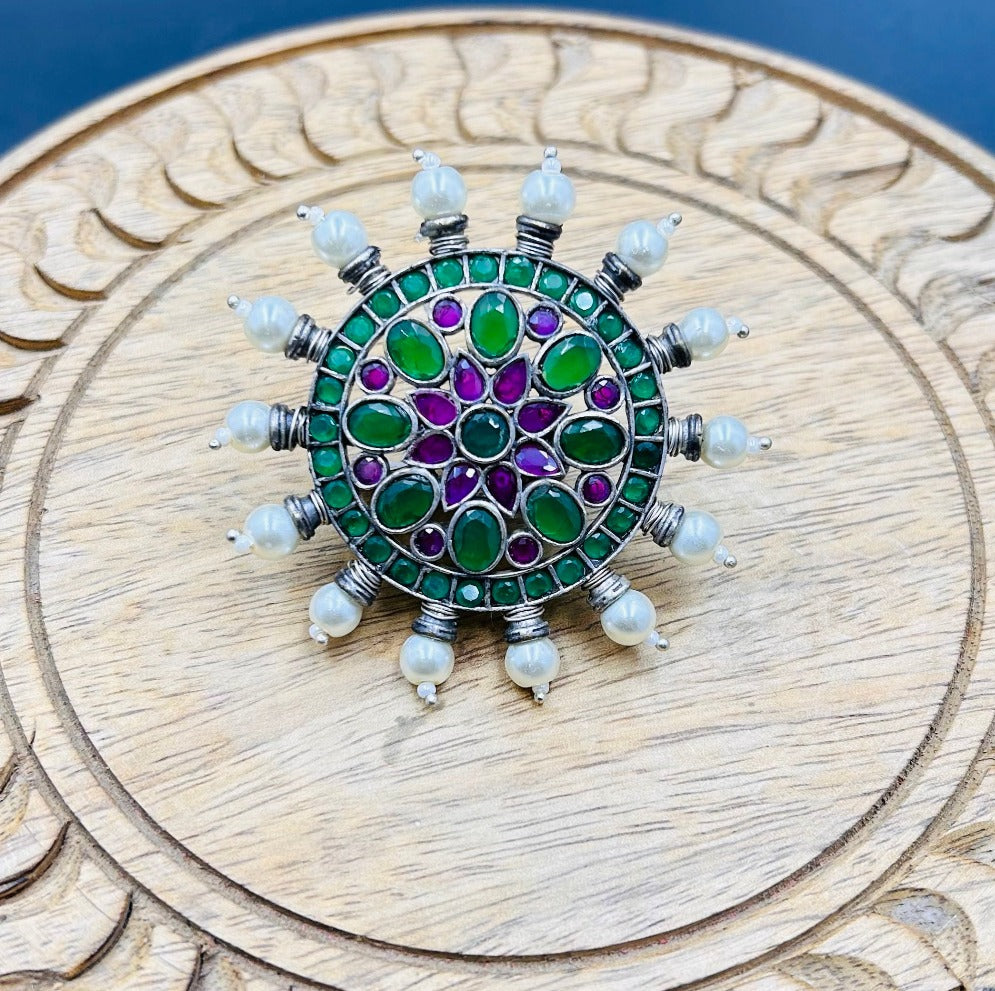 Amyara Oxidised Green Floral Adjustable Ring - QUEENS JEWELS