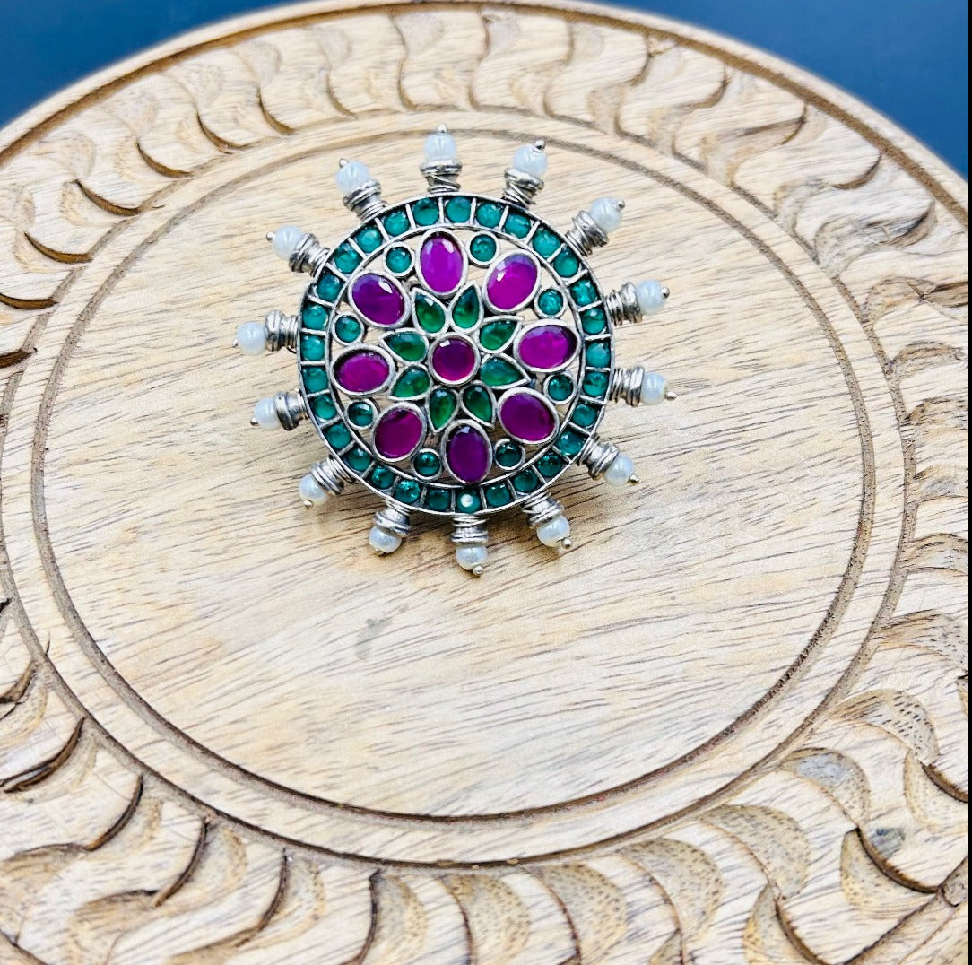 Amyara Oxidised Green Floral Adjustable Ring - QUEENS JEWELS