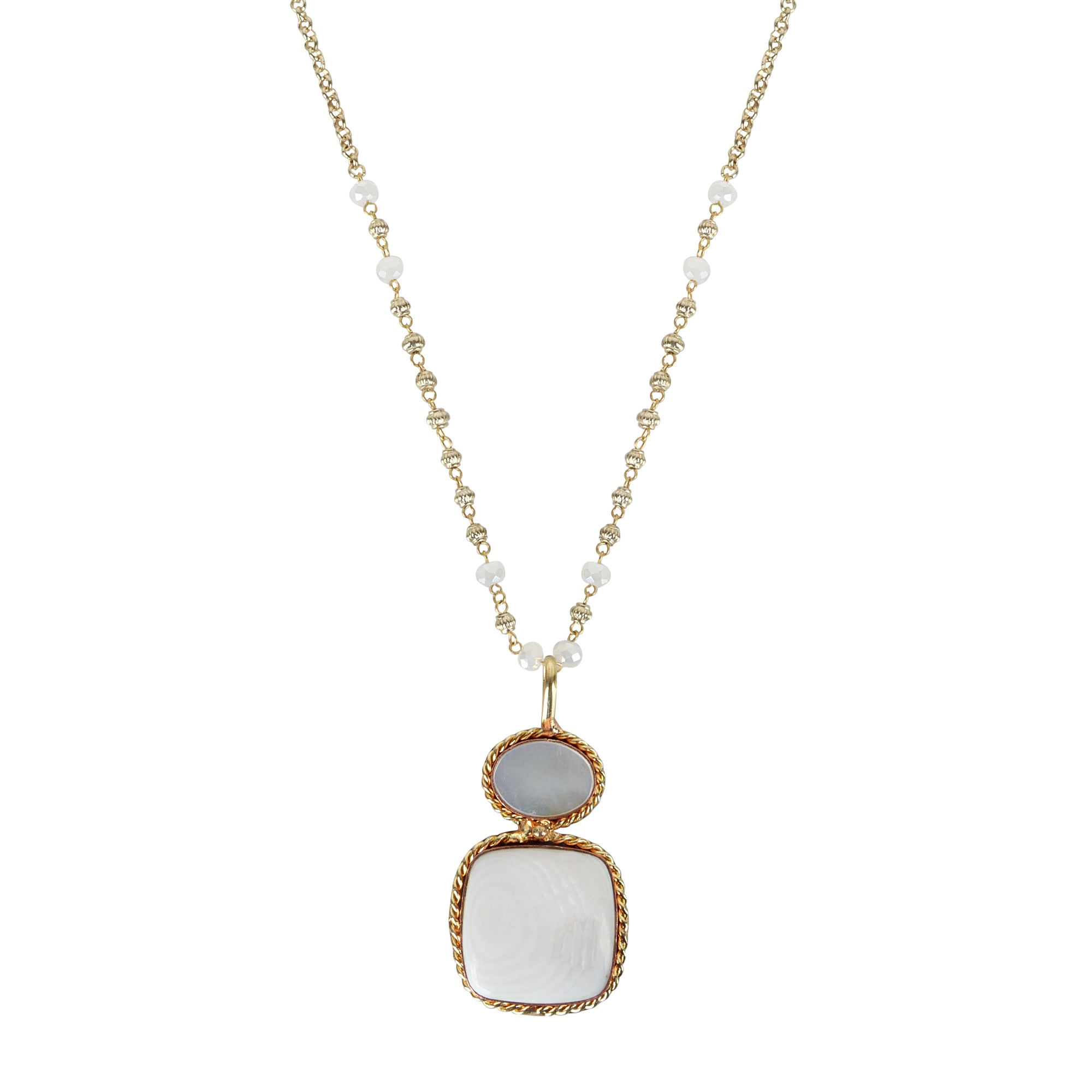 Ivory and Rose Quartz Dual-Pendant Necklace with Gold Beaded Chain - QUEENS JEWELS