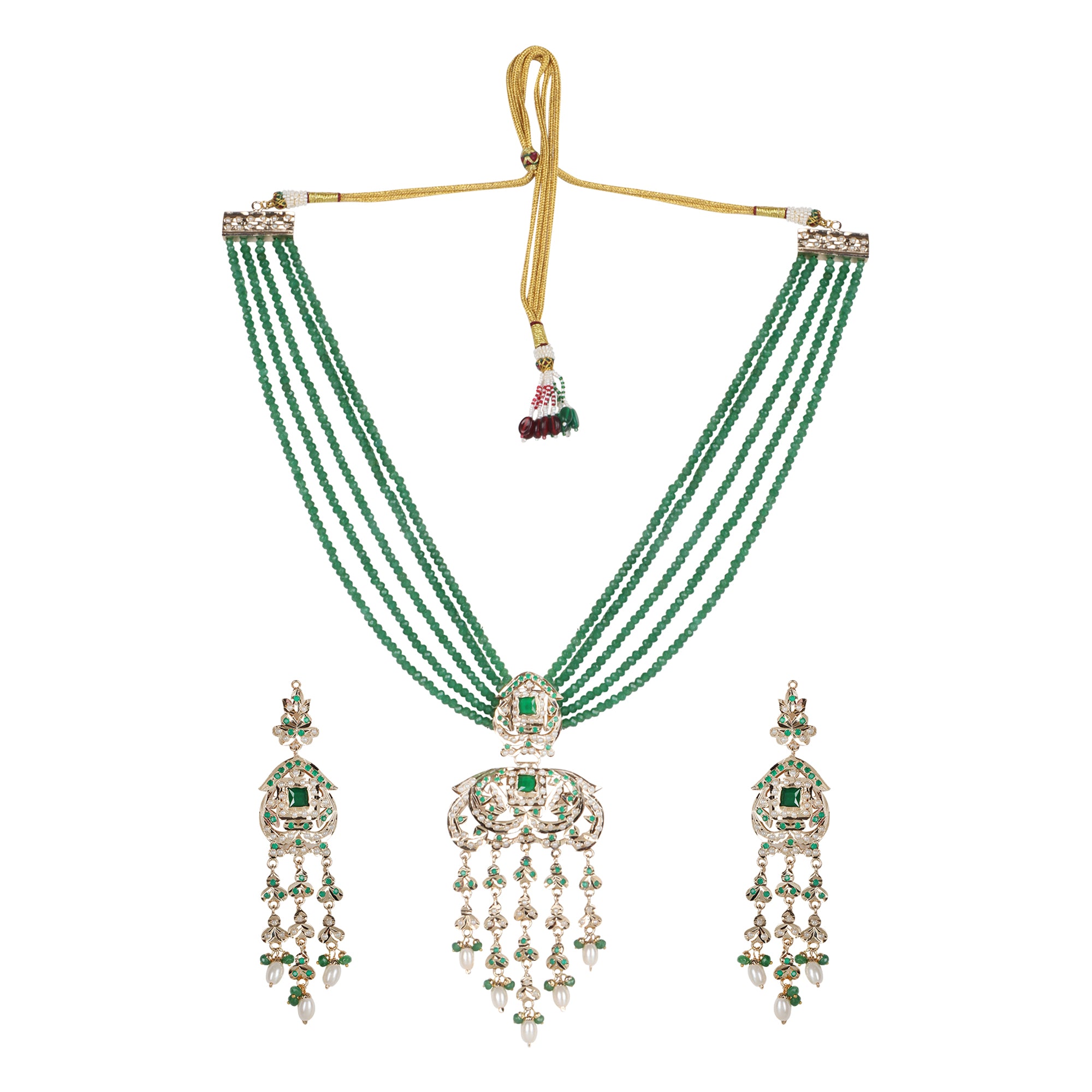 Heritage Jadau Necklace with Emerald Green Beads - QUEENS JEWELS