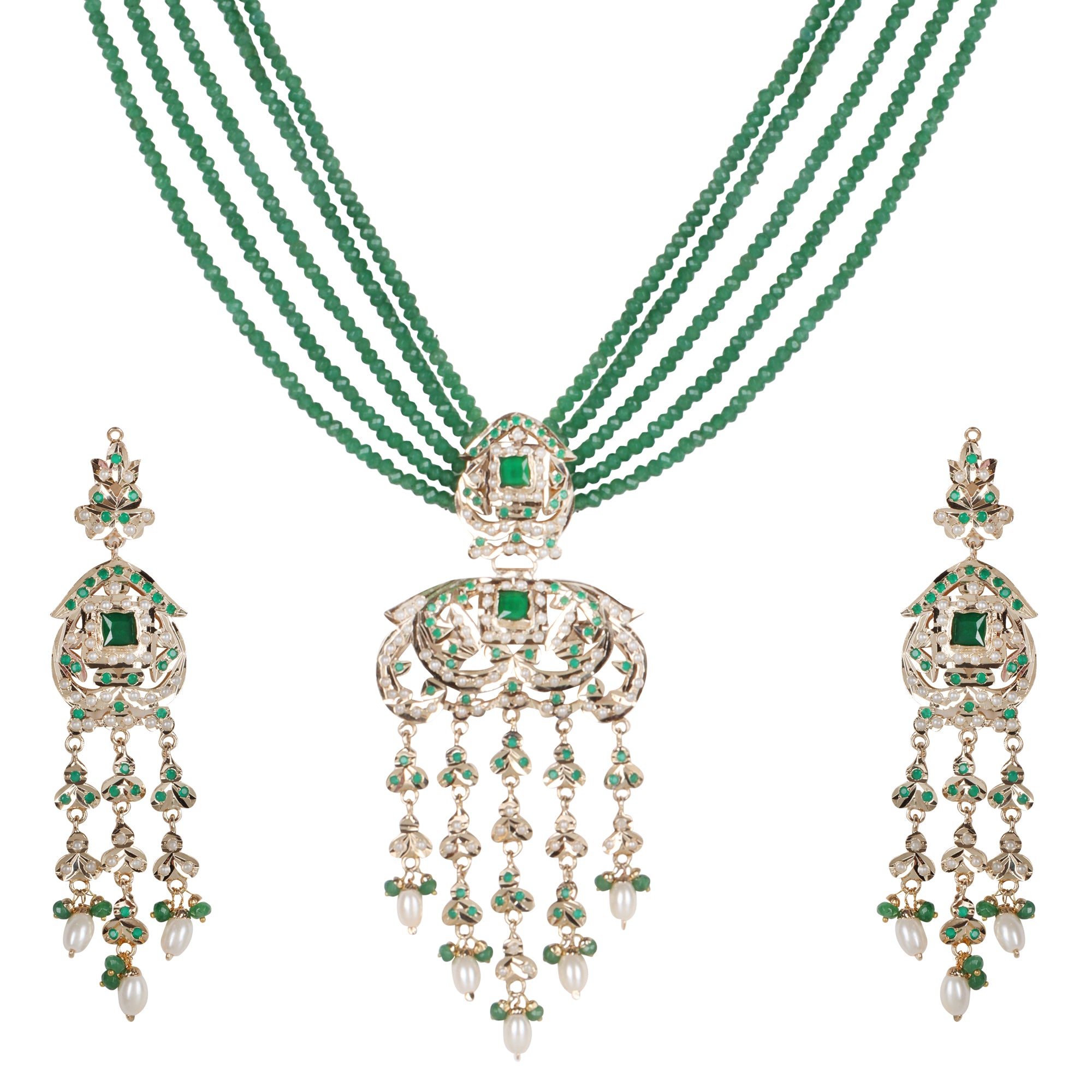 Heritage Jadau Necklace with Emerald Green Beads - QUEENS JEWELS