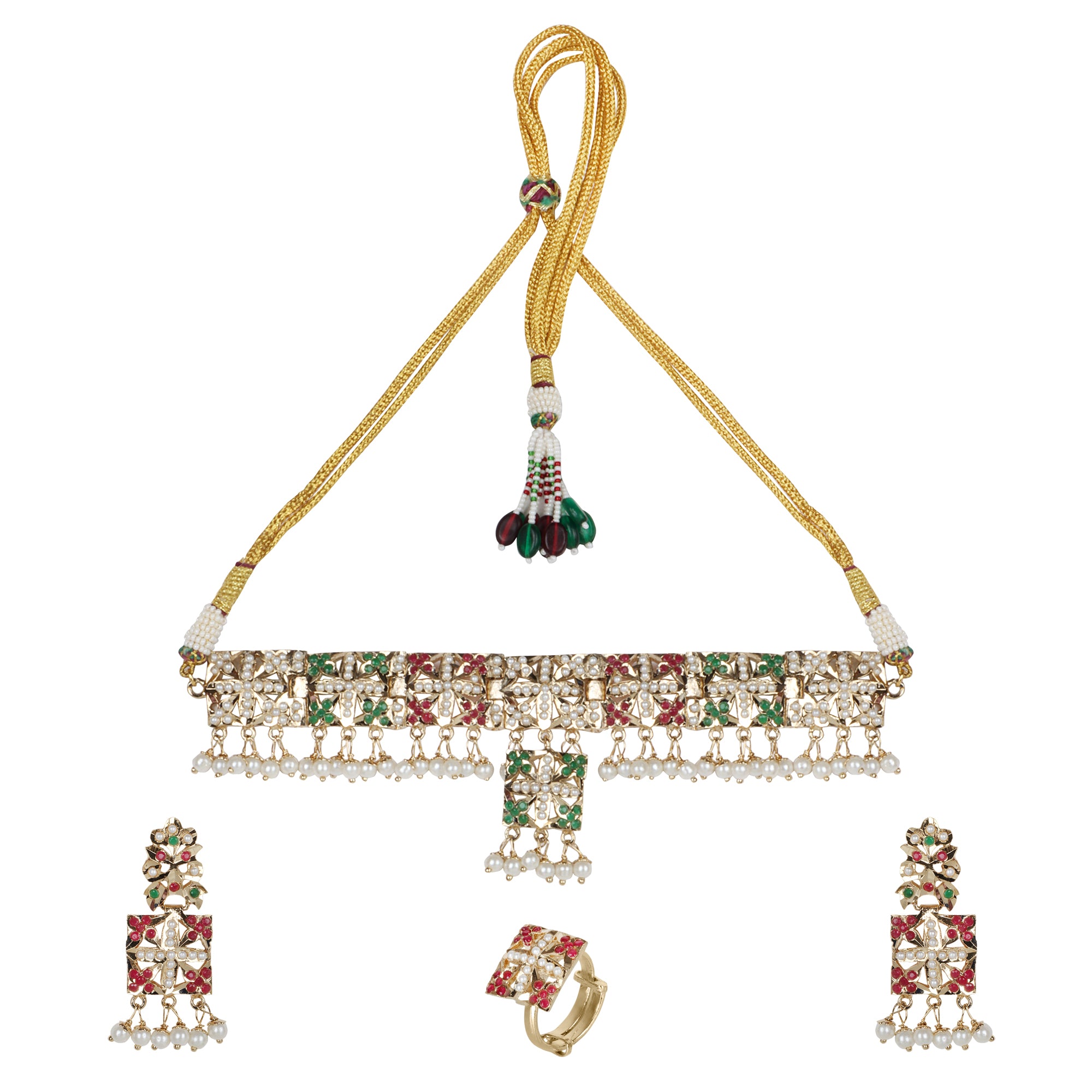 Multicolor Pearl-Studded Choker Set with Earrings & Adjustable Ring - QUEENS JEWELS