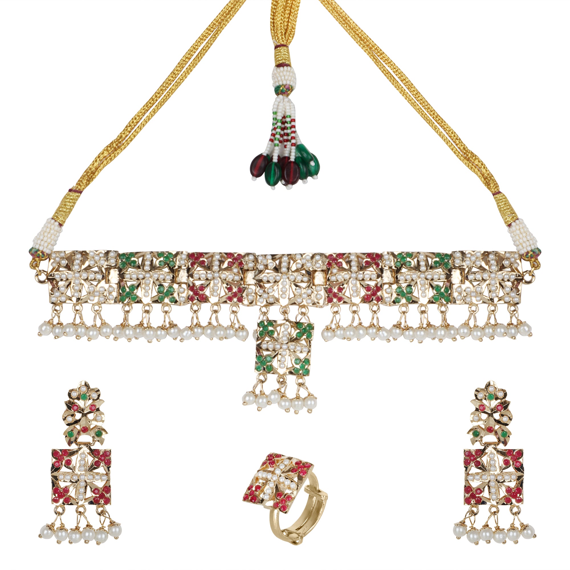 Multicolor Pearl-Studded Choker Set with Earrings & Adjustable Ring - QUEENS JEWELS