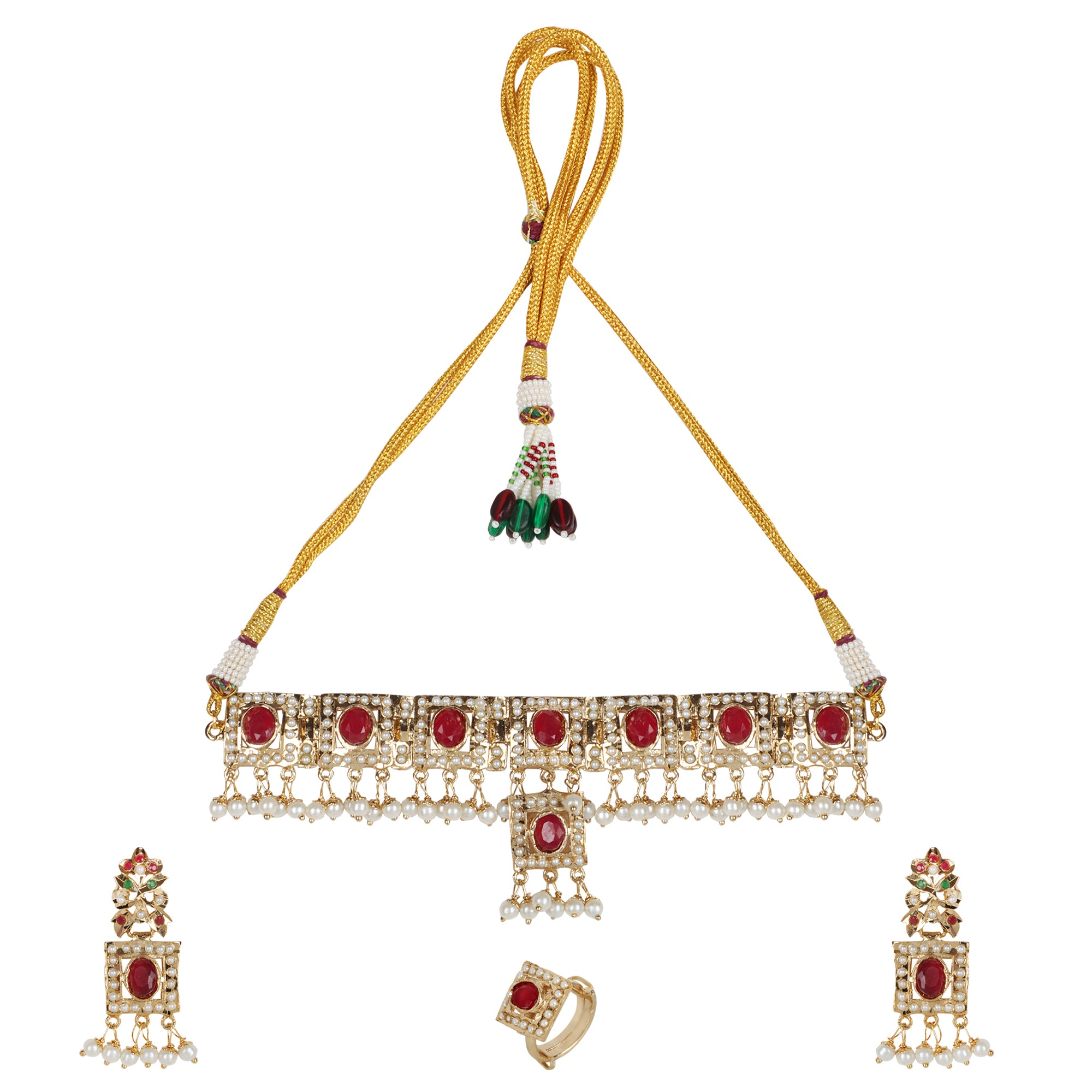 Royal Ruby and White Stone Choker Set with Earrings and Ring - QUEENS JEWELS
