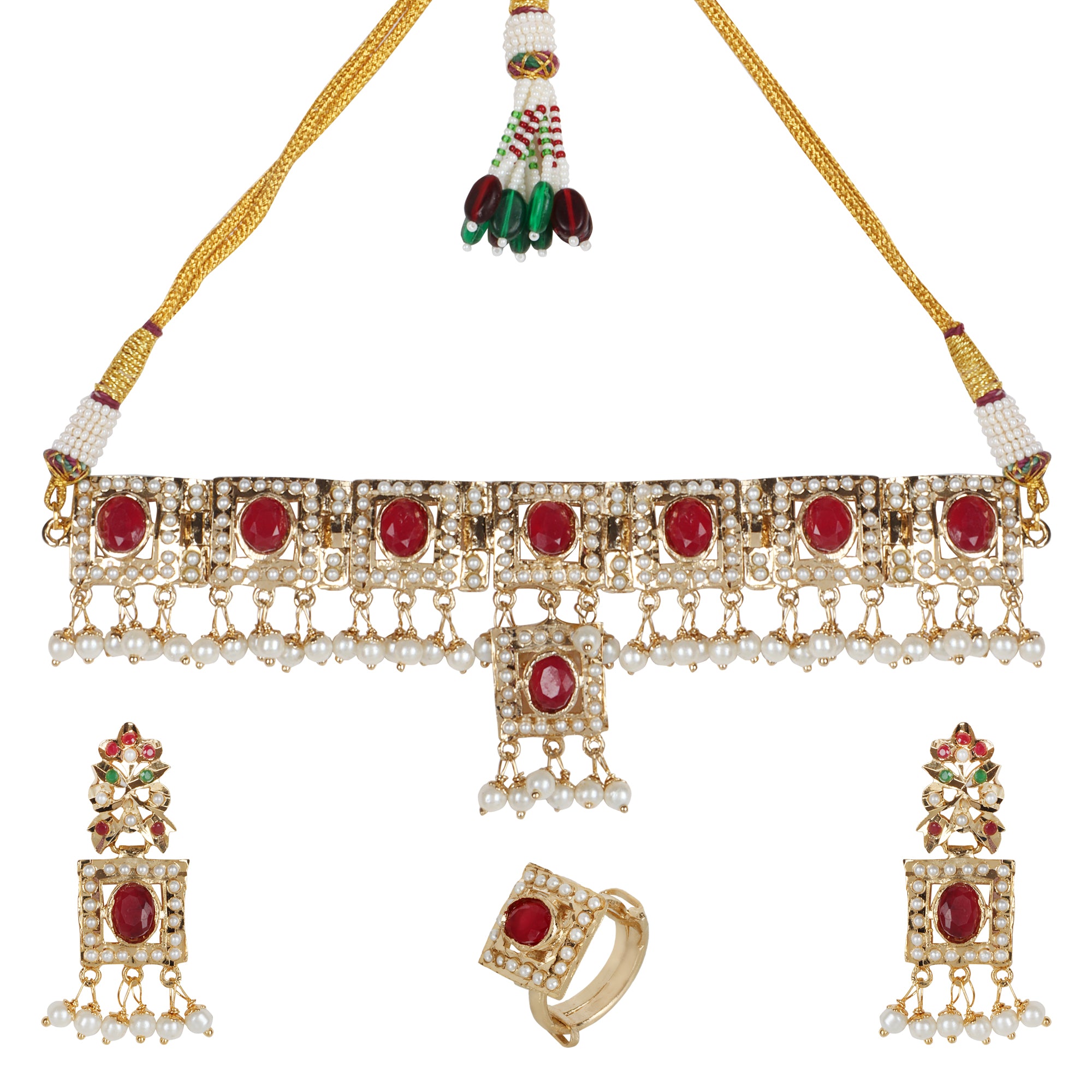 Royal Ruby and White Stone Choker Set with Earrings and Ring - QUEENS JEWELS