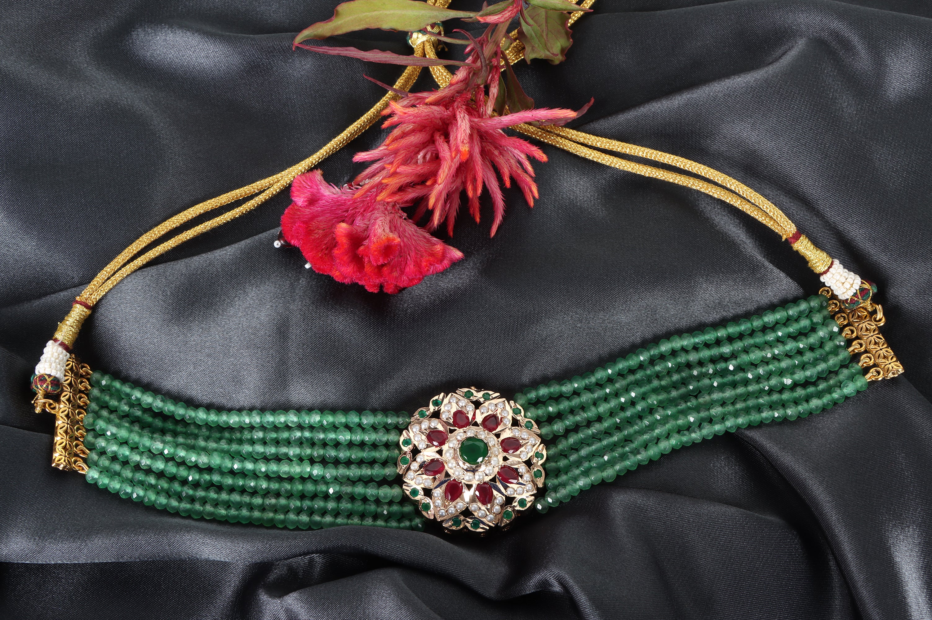 Royal Emerald Beaded Choker with Jadau Floral - QUEENS JEWELS