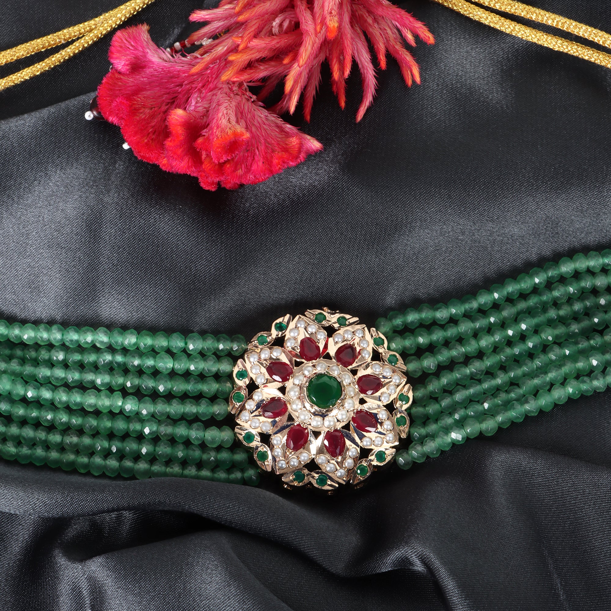 Royal Emerald Beaded Choker with Jadau Floral - QUEENS JEWELS