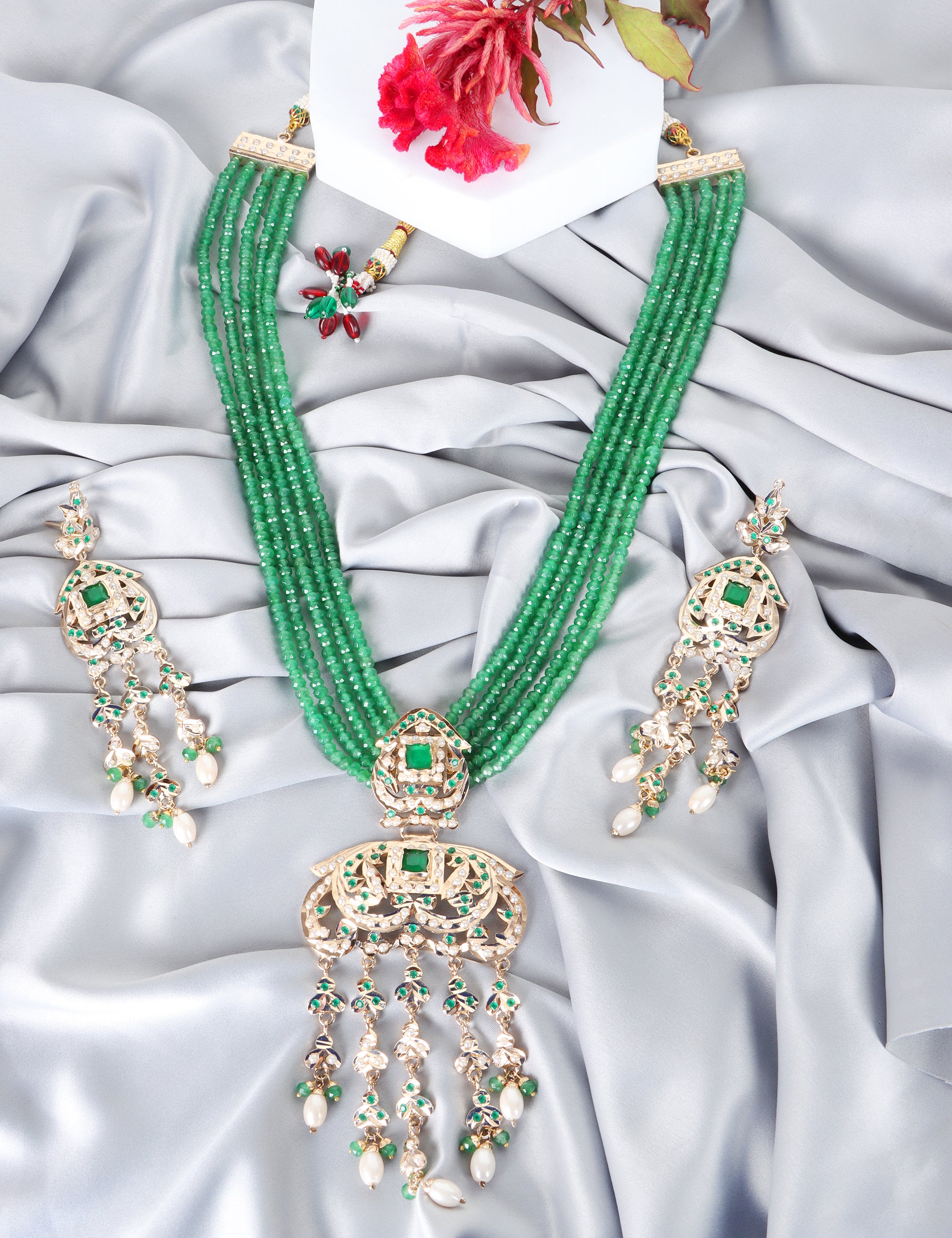 Heritage Jadau Necklace with Emerald Green Beads - QUEENS JEWELS
