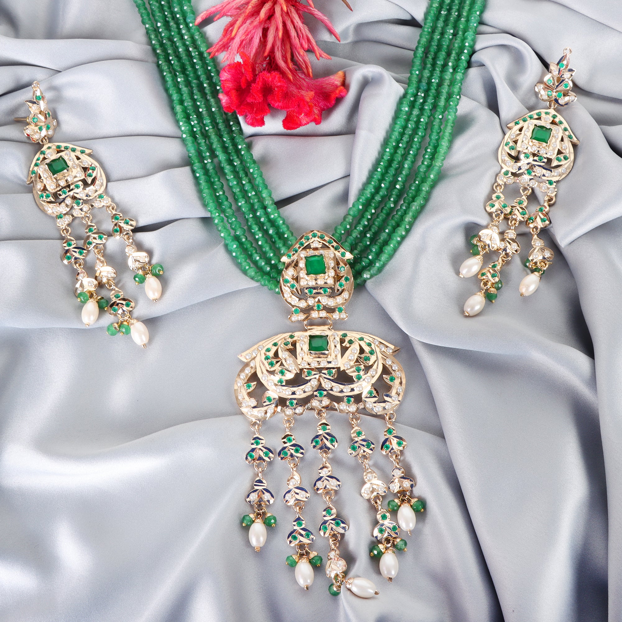 Heritage Jadau Necklace with Emerald Green Beads - QUEENS JEWELS