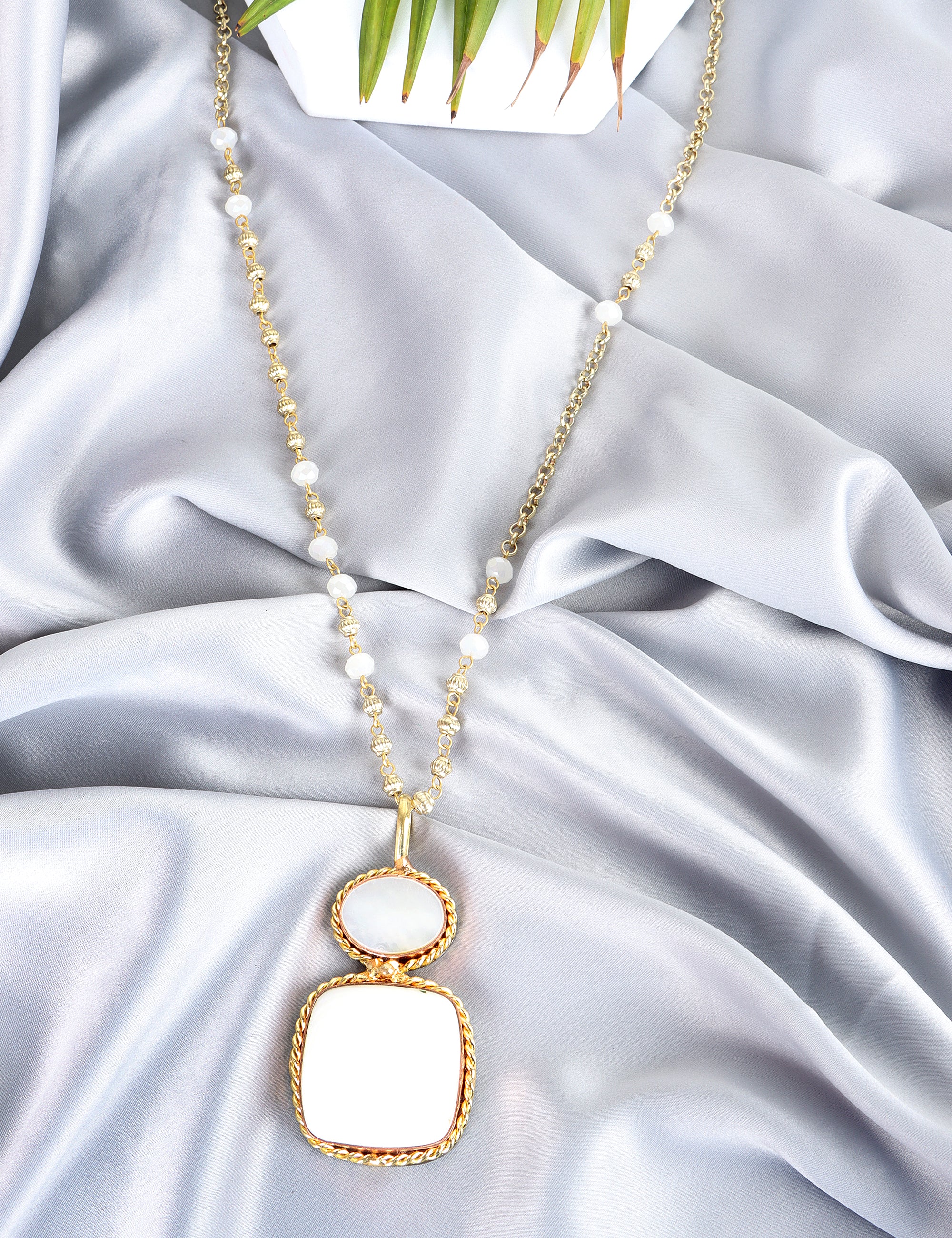 Ivory and Rose Quartz Dual-Pendant Necklace with Gold Beaded Chain - QUEENS JEWELS