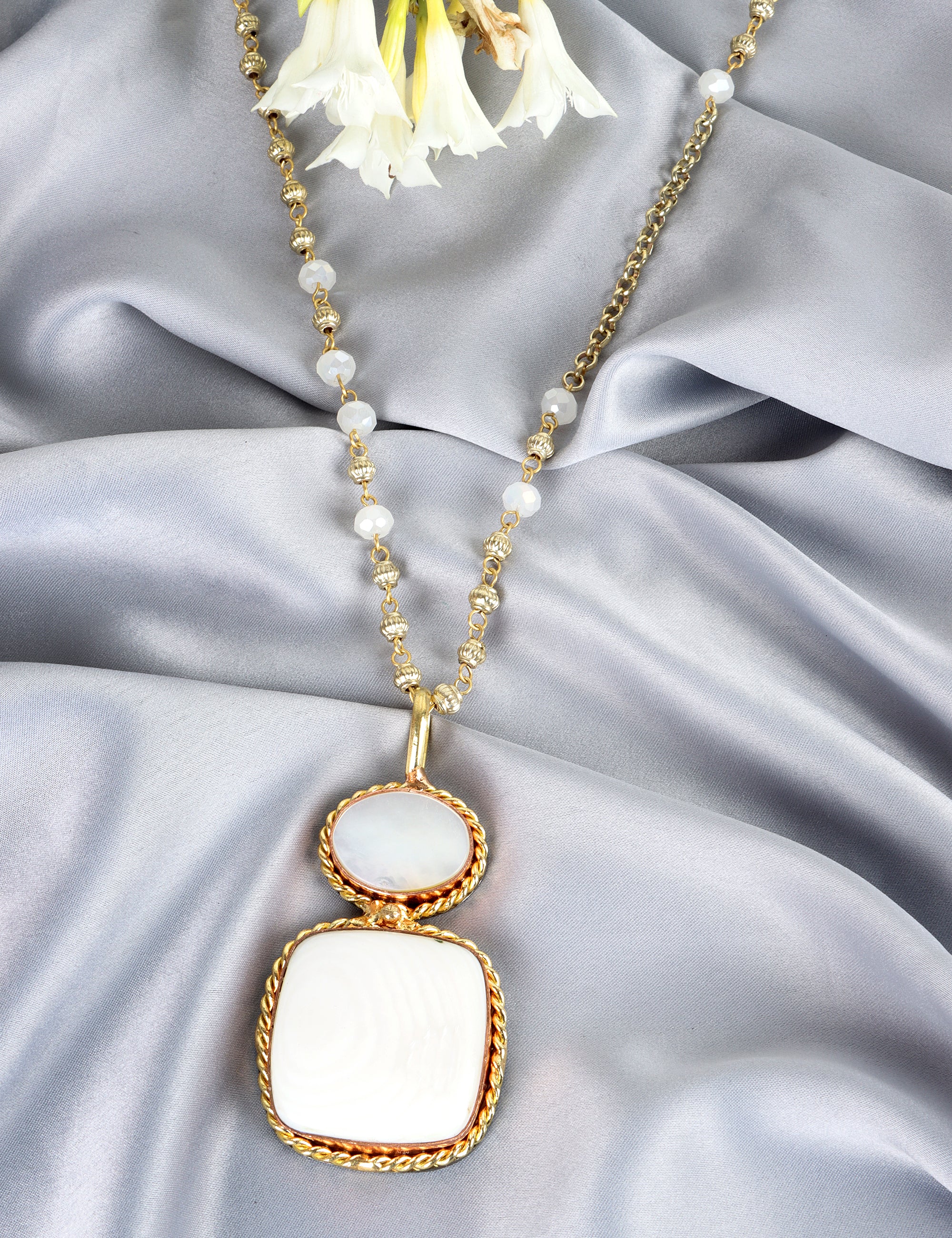 Ivory and Rose Quartz Dual-Pendant Necklace with Gold Beaded Chain - QUEENS JEWELS