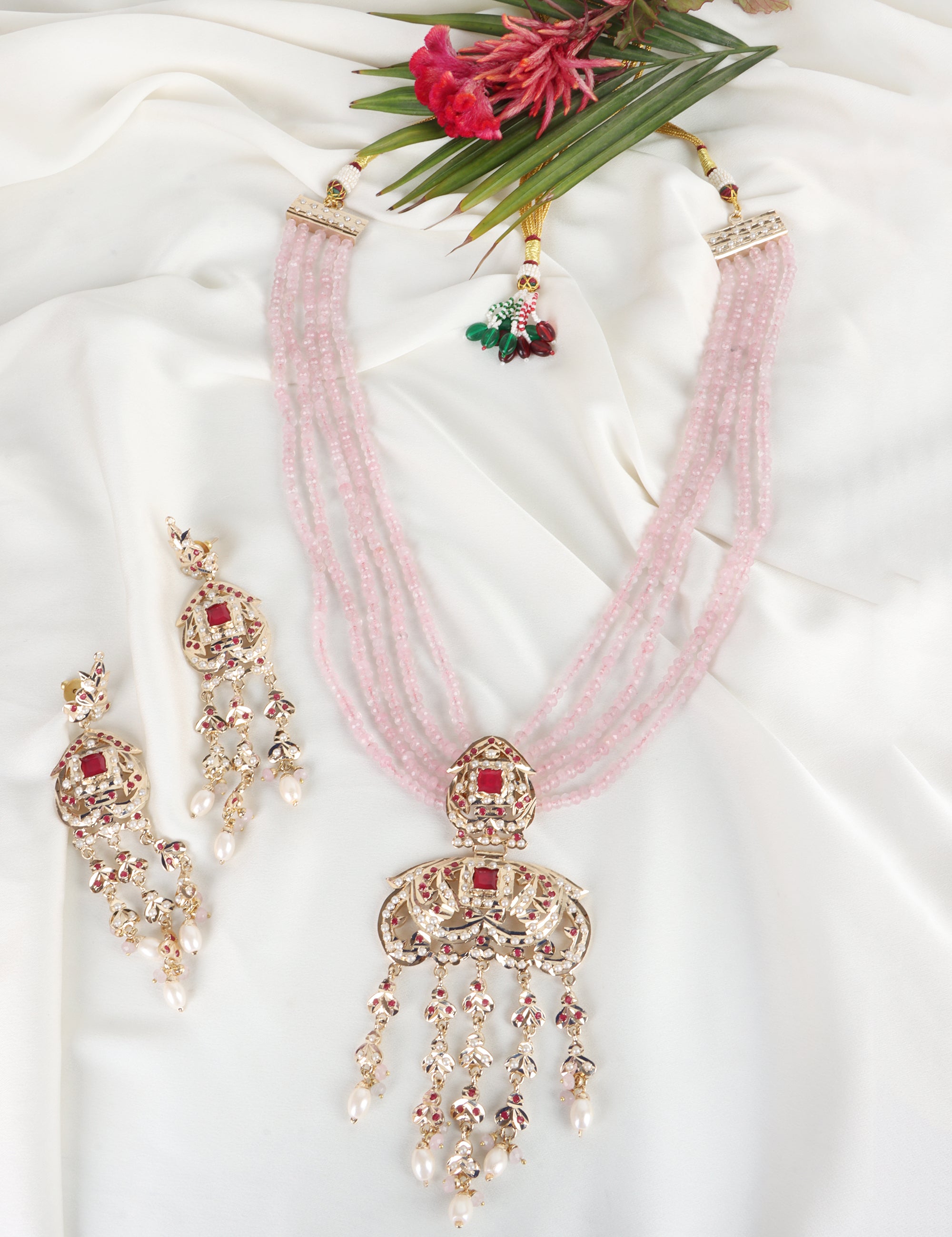 Royal Jadau Pink Jadau Necklace Set with Earrings - QUEENS JEWELS