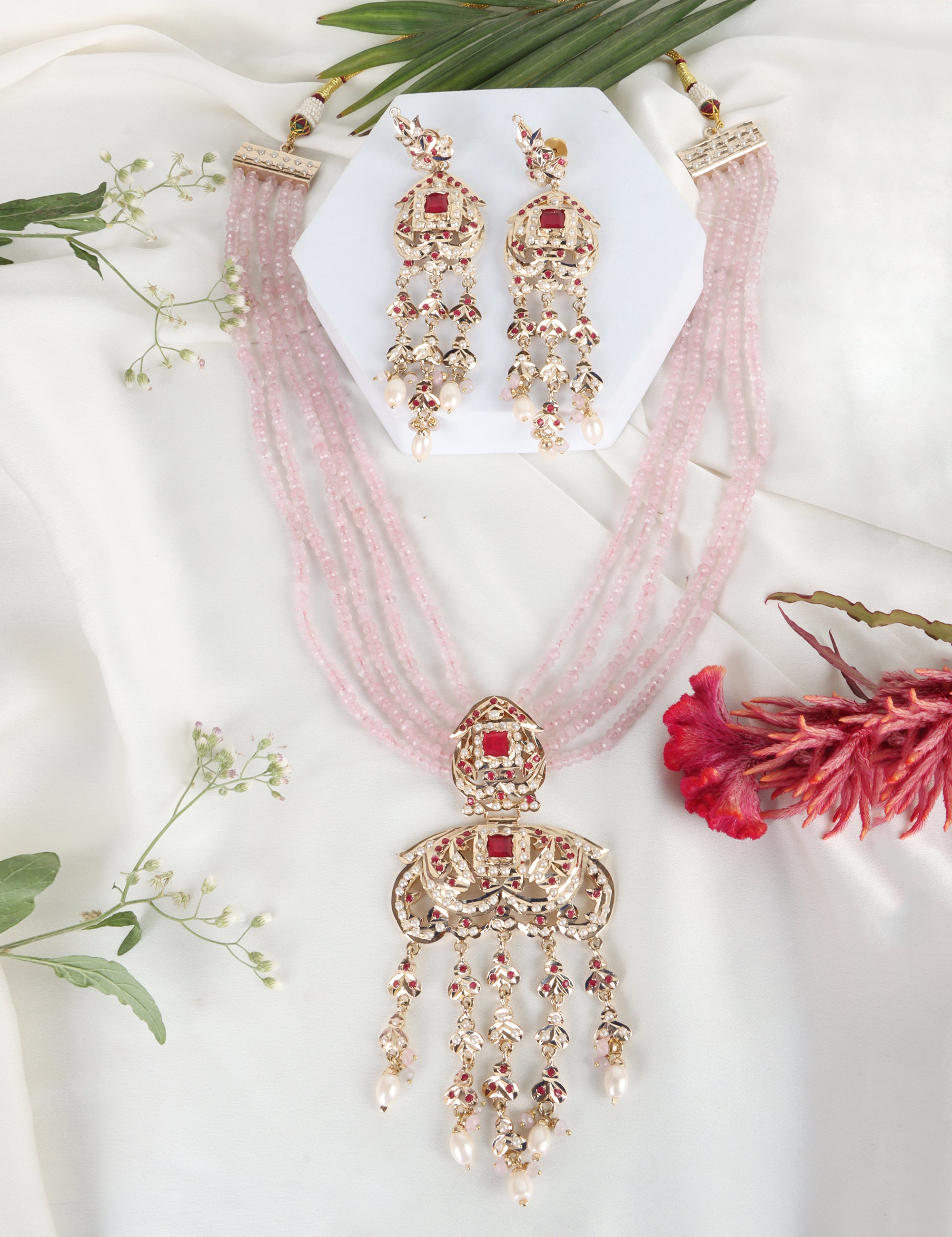 Royal Jadau Pink Jadau Necklace Set with Earrings - QUEENS JEWELS