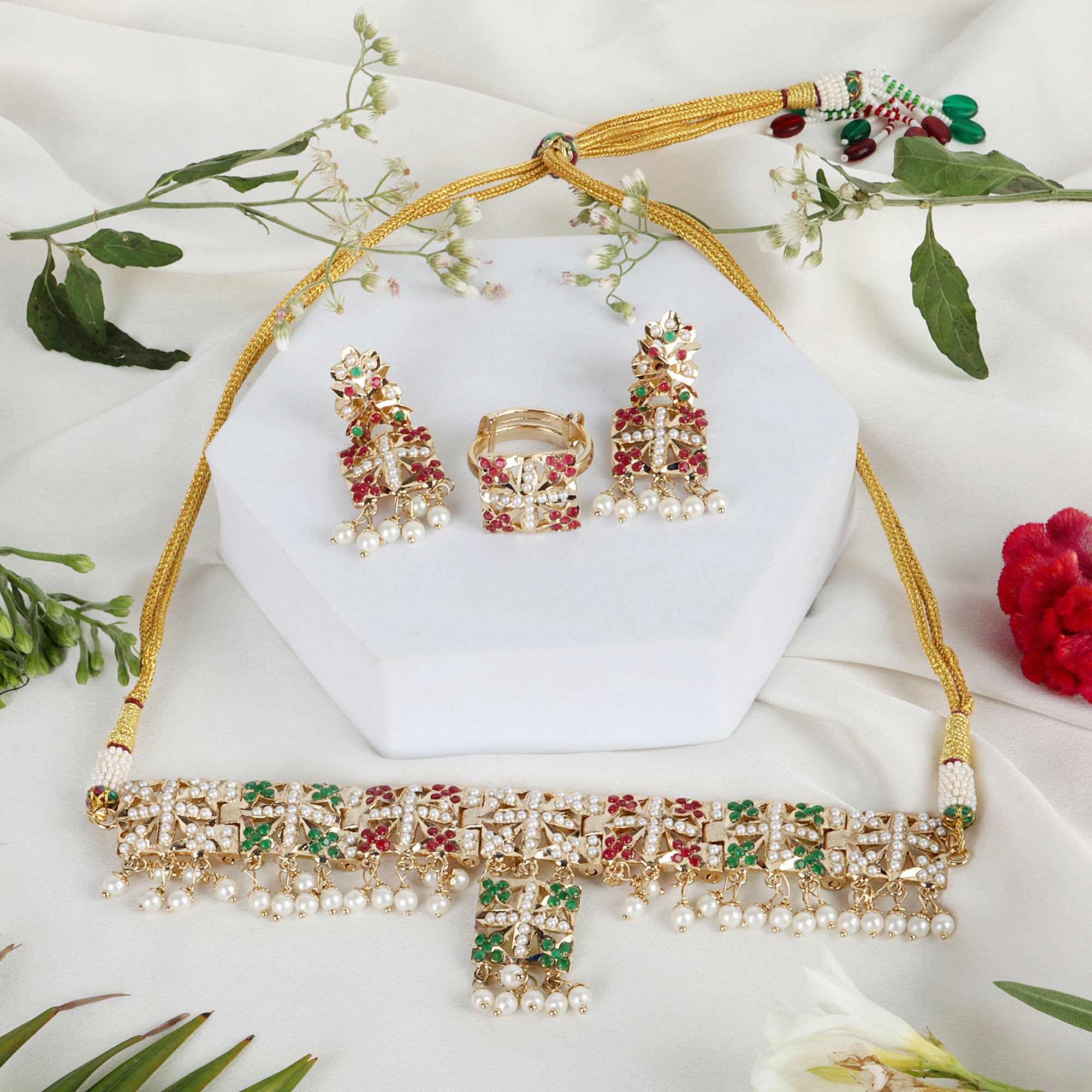 Multicolor Pearl-Studded Choker Set with Earrings & Adjustable Ring - QUEENS JEWELS