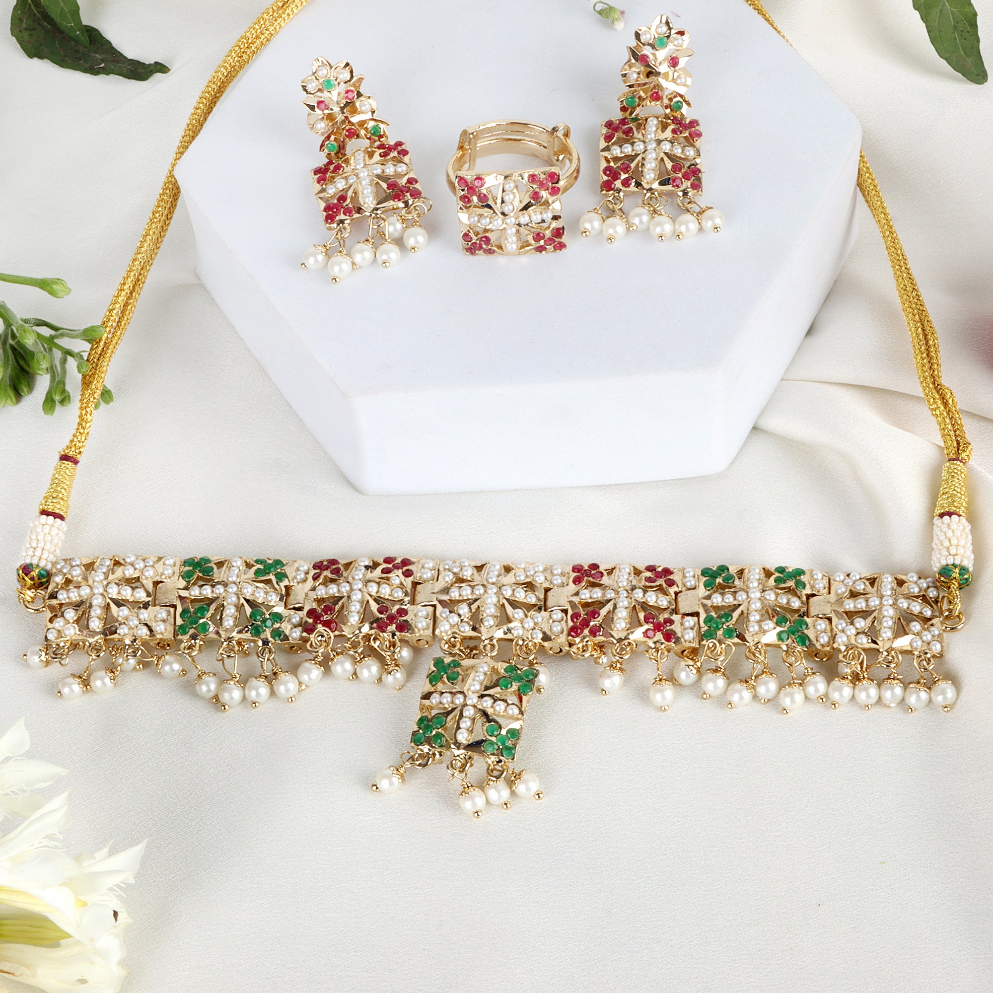 Multicolor Pearl-Studded Choker Set with Earrings & Adjustable Ring - QUEENS JEWELS