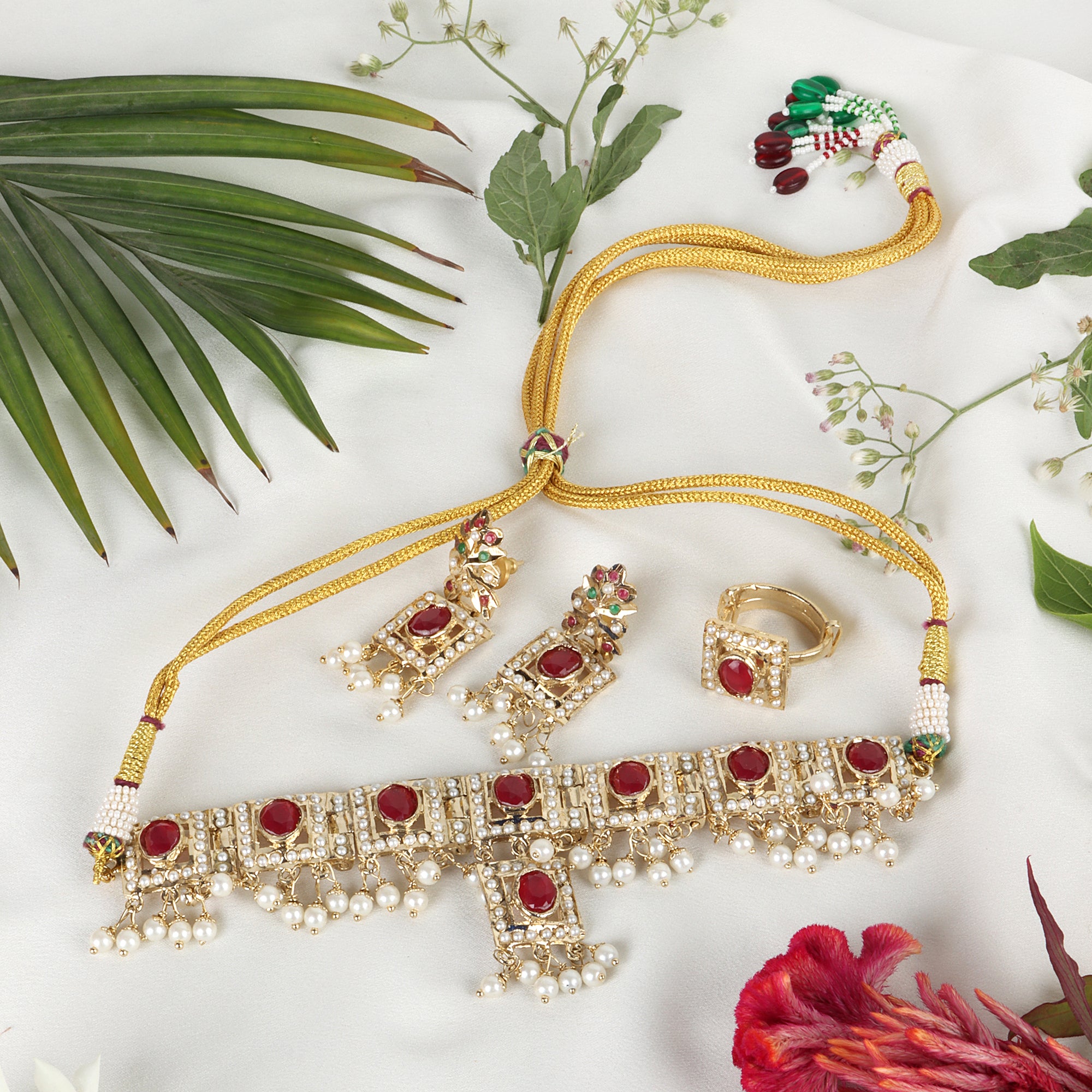 Royal Ruby and White Stone Choker Set with Earrings and Ring - QUEENS JEWELS