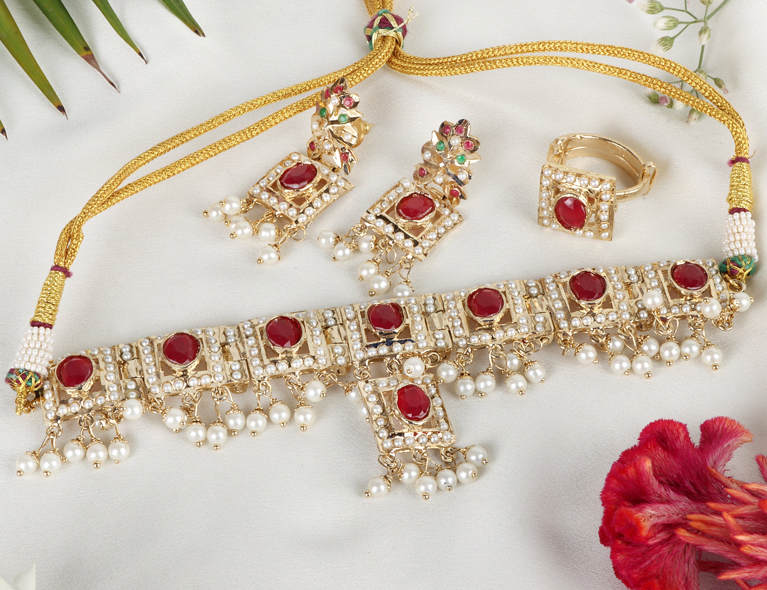 Royal Ruby and White Stone Choker Set with Earrings and Ring - QUEENS JEWELS