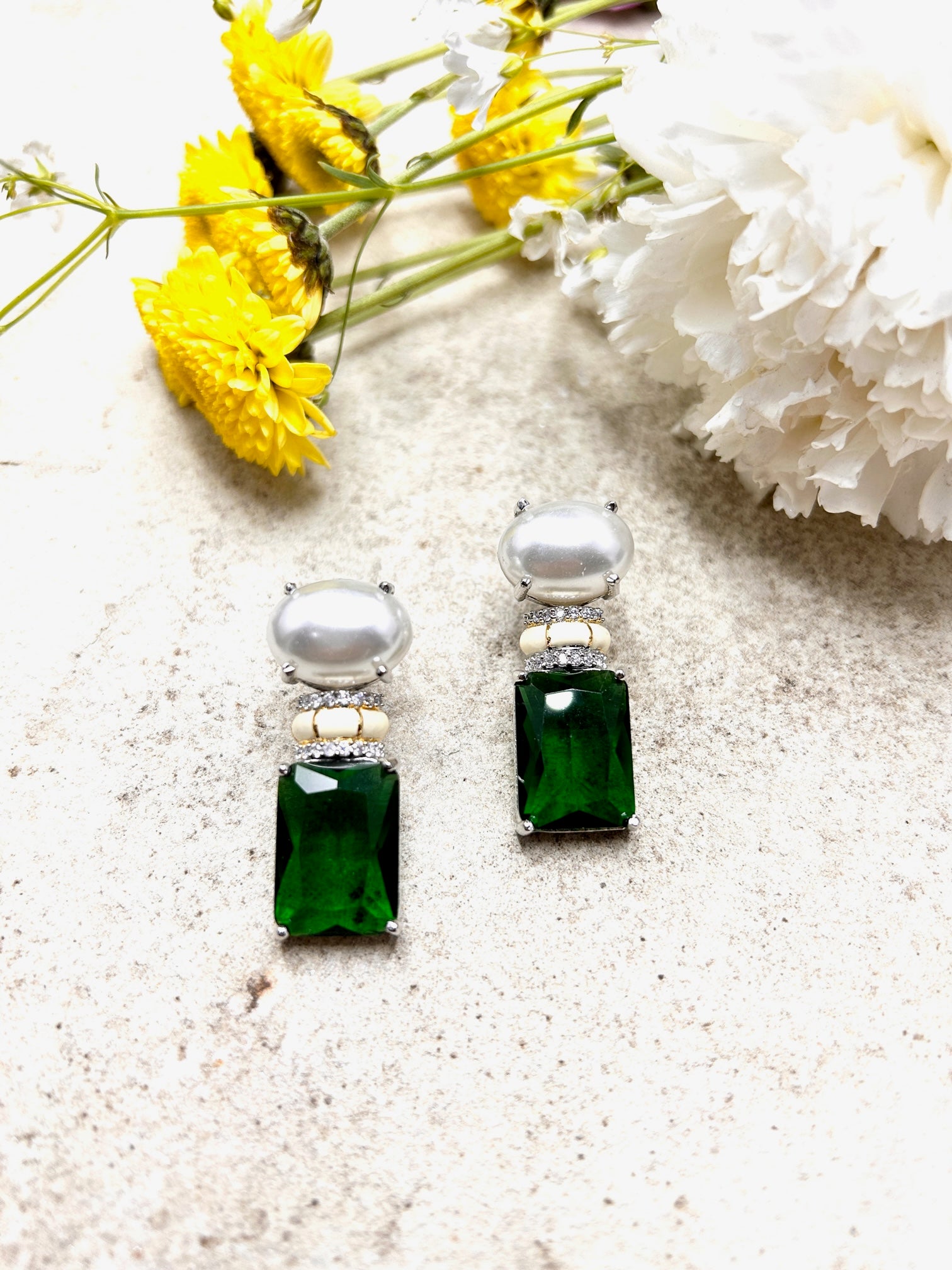 Emerald Stone Pearl Studs - QUEENS JEWELS