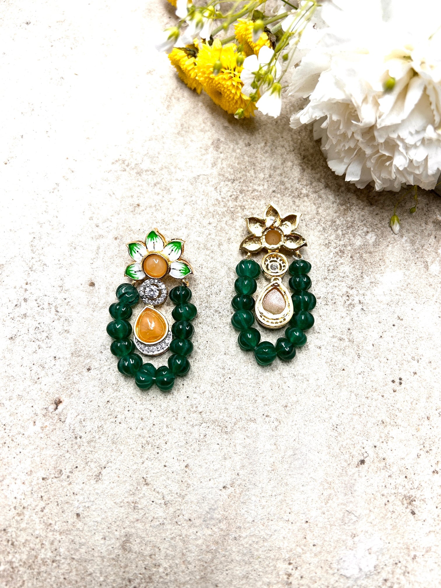Emerald Colored Stone Meenakari Polki Earrings - QUEENS JEWELS