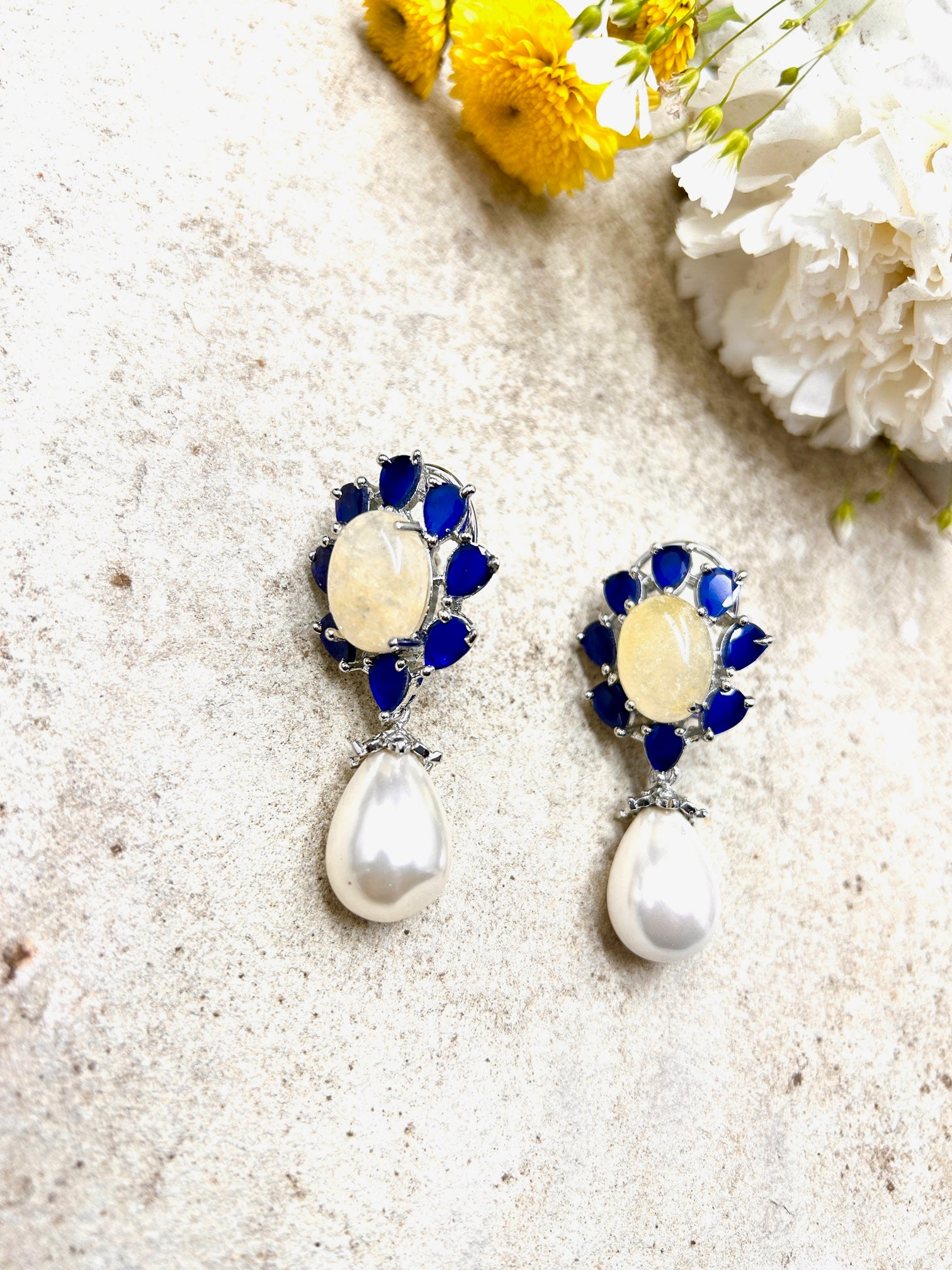 Royal Blue Colored Stone Pearl Drops Earrings - QUEENS JEWELS