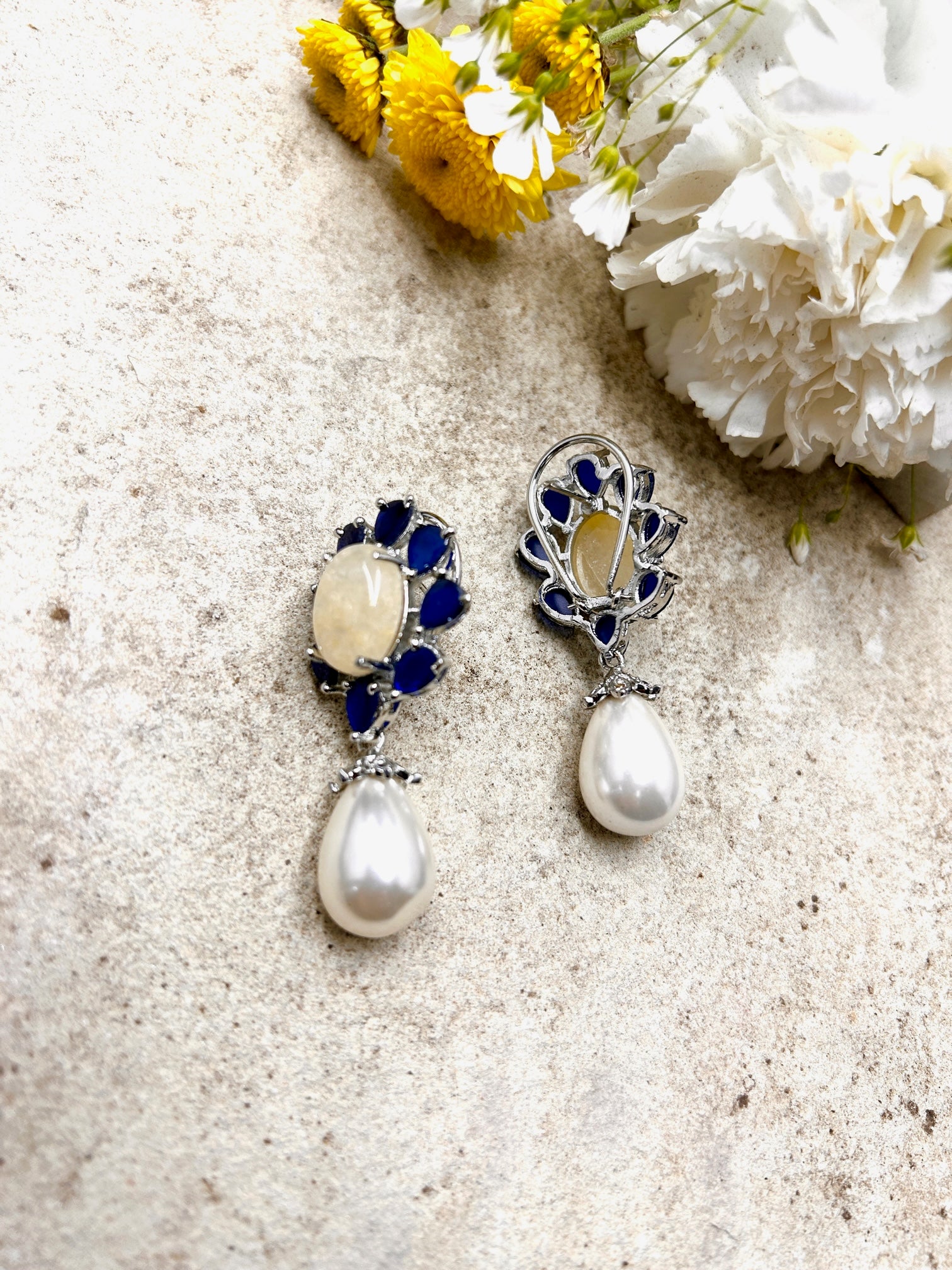 Royal Blue Colored Stone Pearl Drops Earrings - QUEENS JEWELS
