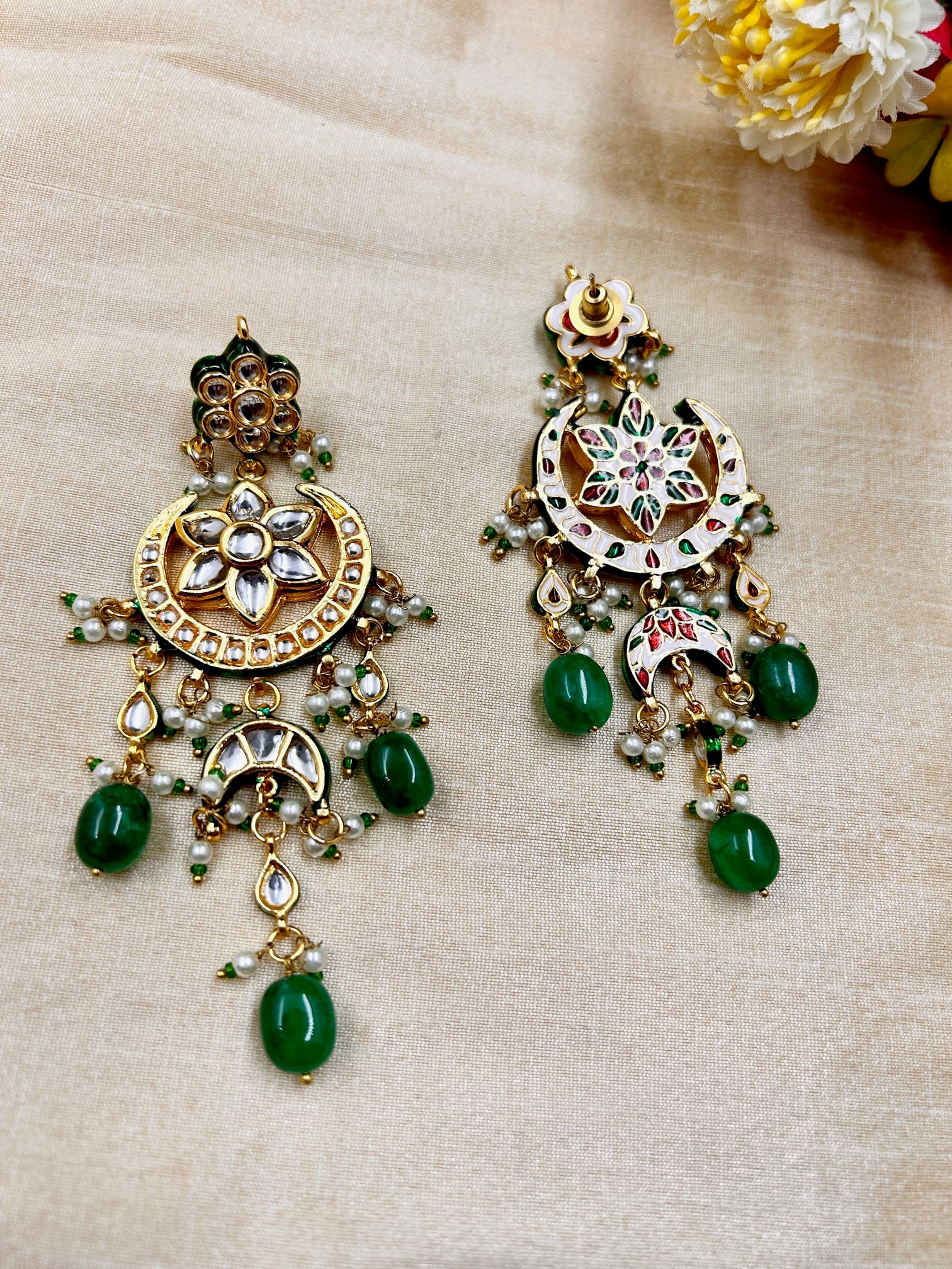 Lamia Kundan Chandbali Earrings - Green - QUEENS JEWELS