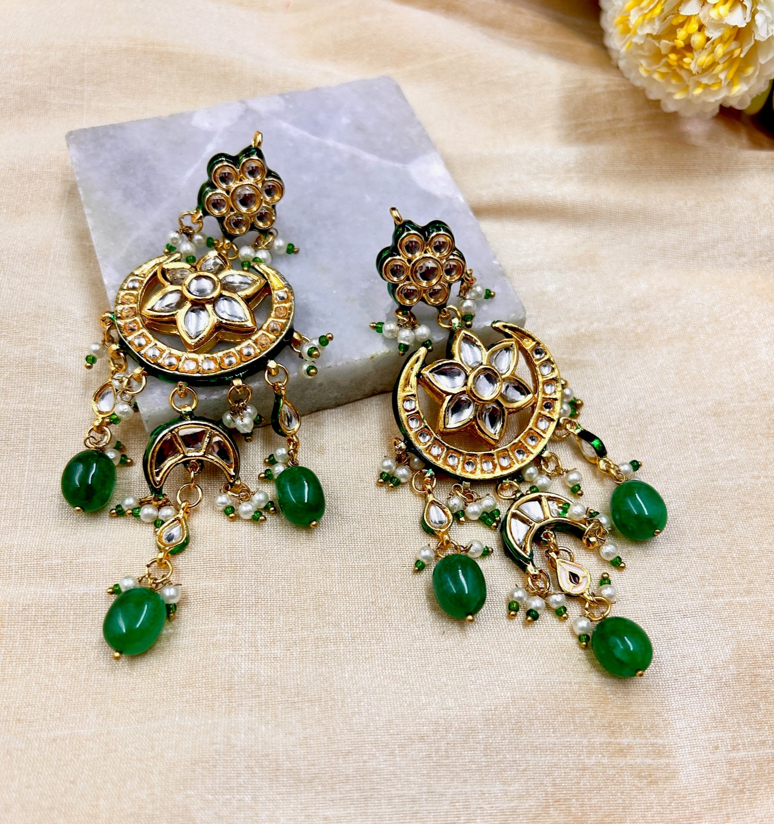 Lamia Kundan Chandbali Earrings - Green - QUEENS JEWELS