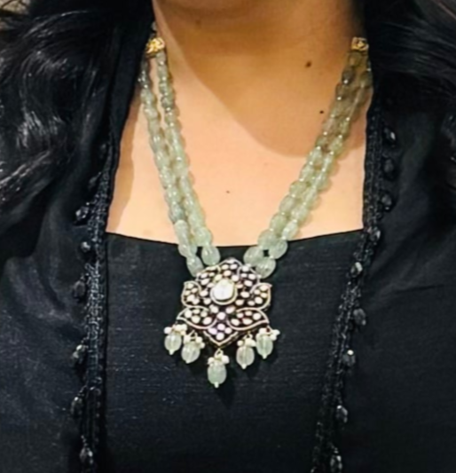 Noor Light Green Victorian Pendent Set - QUEENS JEWELS
