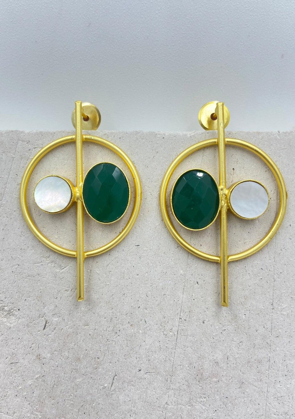 Gold Plated Circular Emerald Quartz Drop Earrings - QUEENS JEWELS