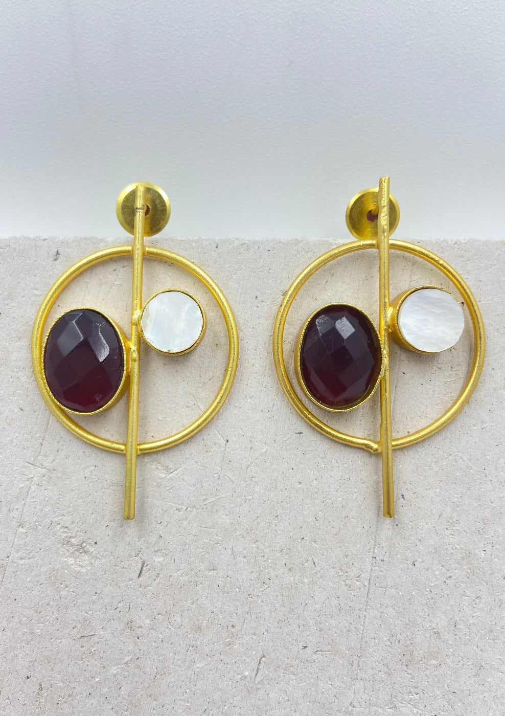 Gold Plated Circular Red Garnet Quartz Drop Earrings - QUEENS JEWELS