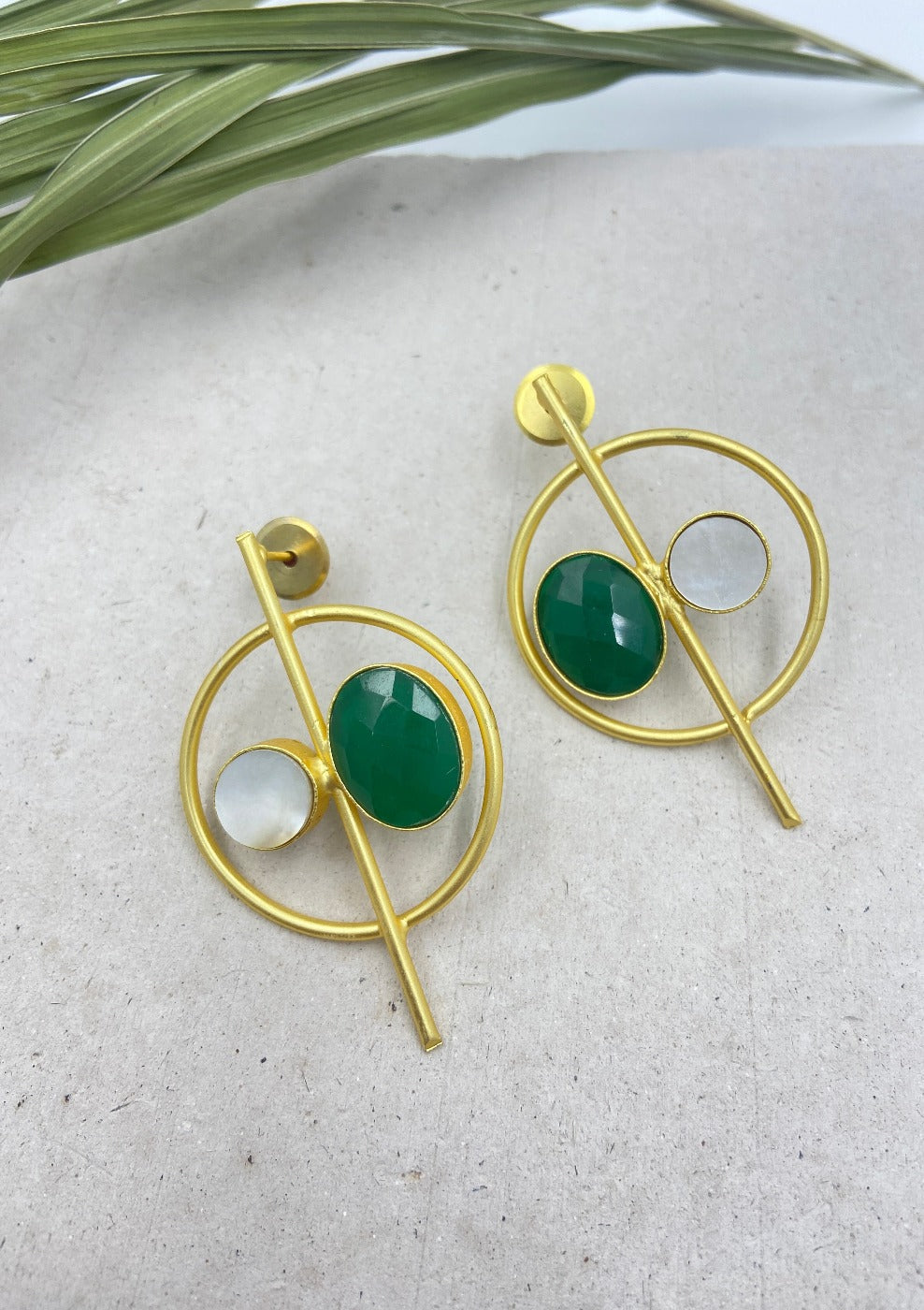 Gold Plated Circular Emerald Quartz Drop Earrings - QUEENS JEWELS