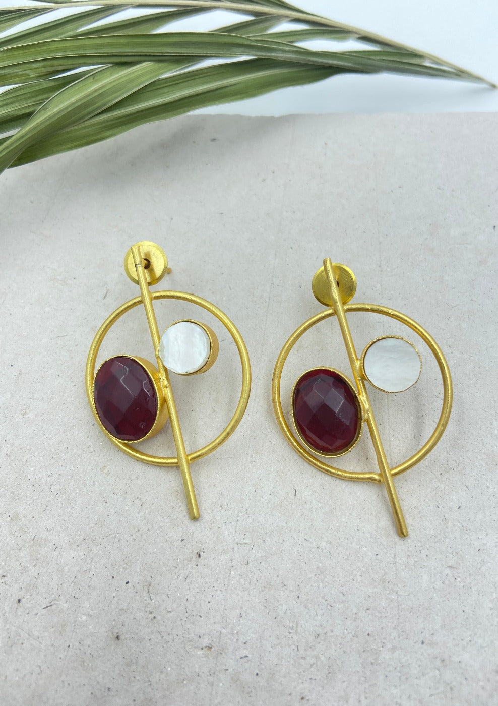 Gold Plated Circular Red Garnet Quartz Drop Earrings - QUEENS JEWELS