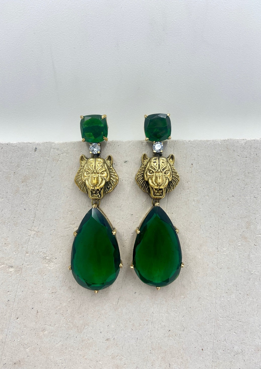 Emerald Green Drop Earrings With Lion Motif - QUEENS JEWELS