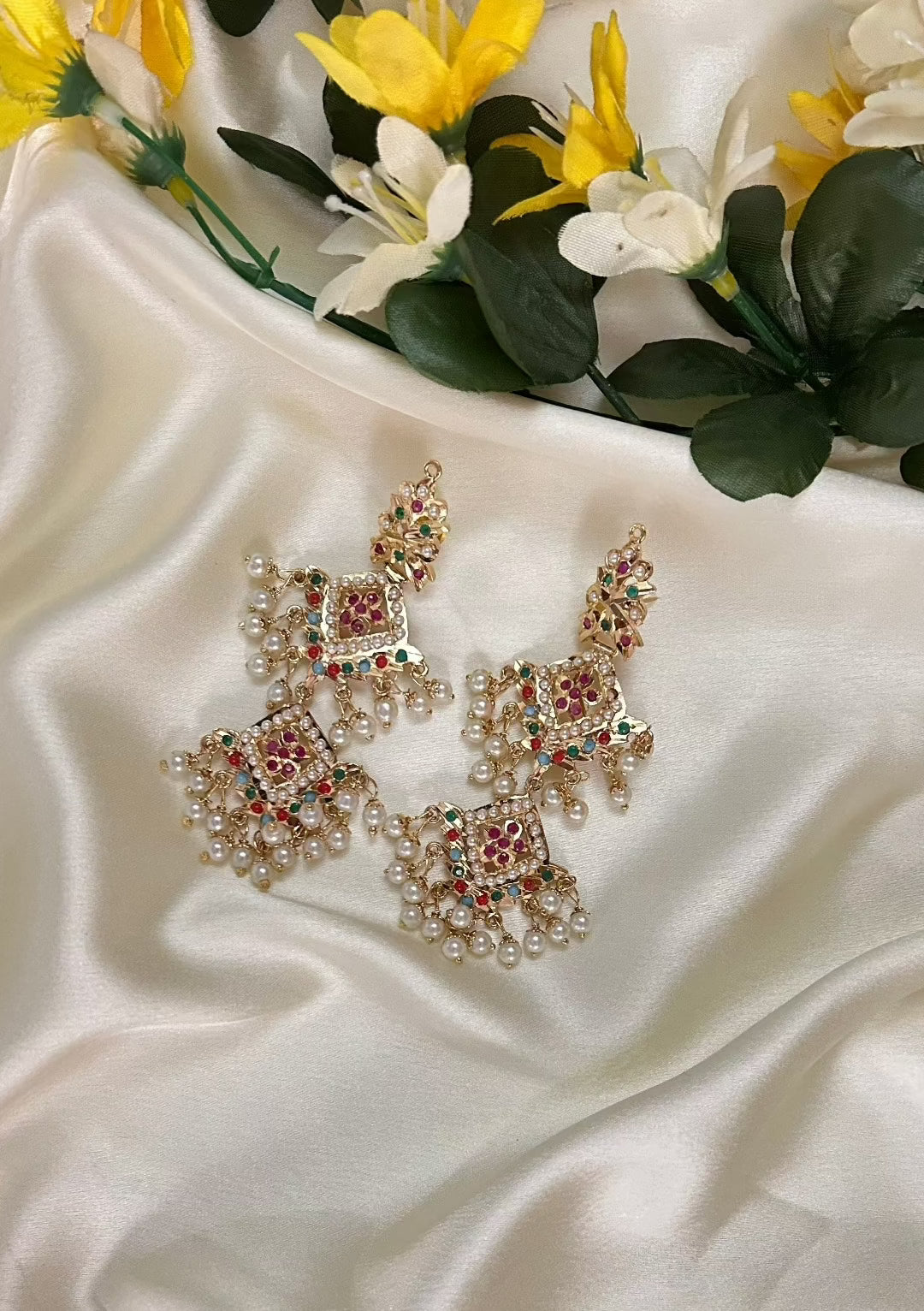 Inara Jadau Chandbaali Earrings - Navratan - QUEENS JEWELS
