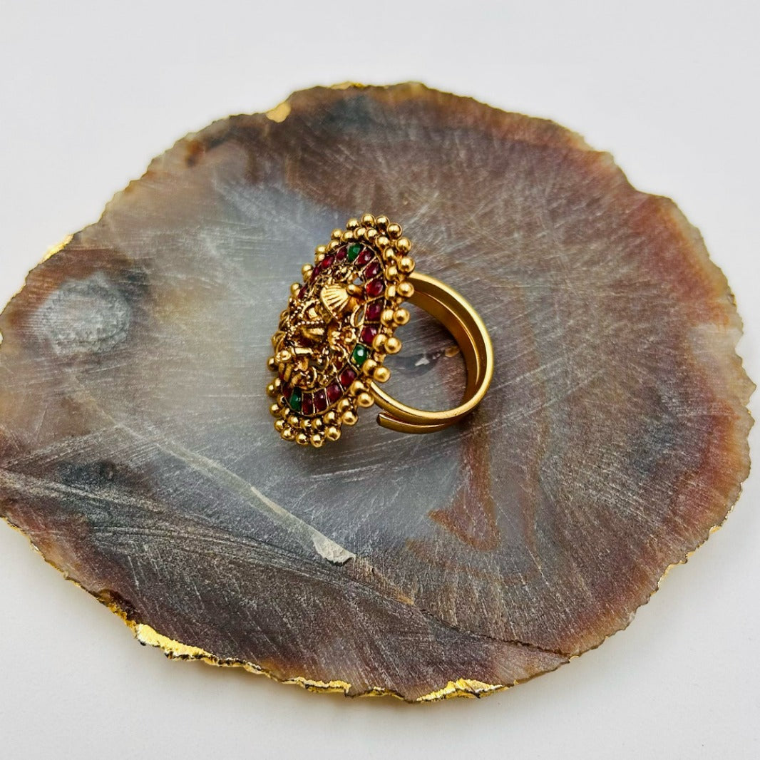 Anvi Red Green Stone Adjustable Temple Ring - QUEENS JEWELS