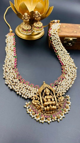 Arika Multi Long Temple Necklace Set With Jhumka Earrings - QUEENS JEWELS