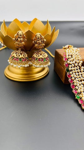 Arika Multi Long Temple Necklace Set With Jhumka Earrings - QUEENS JEWELS